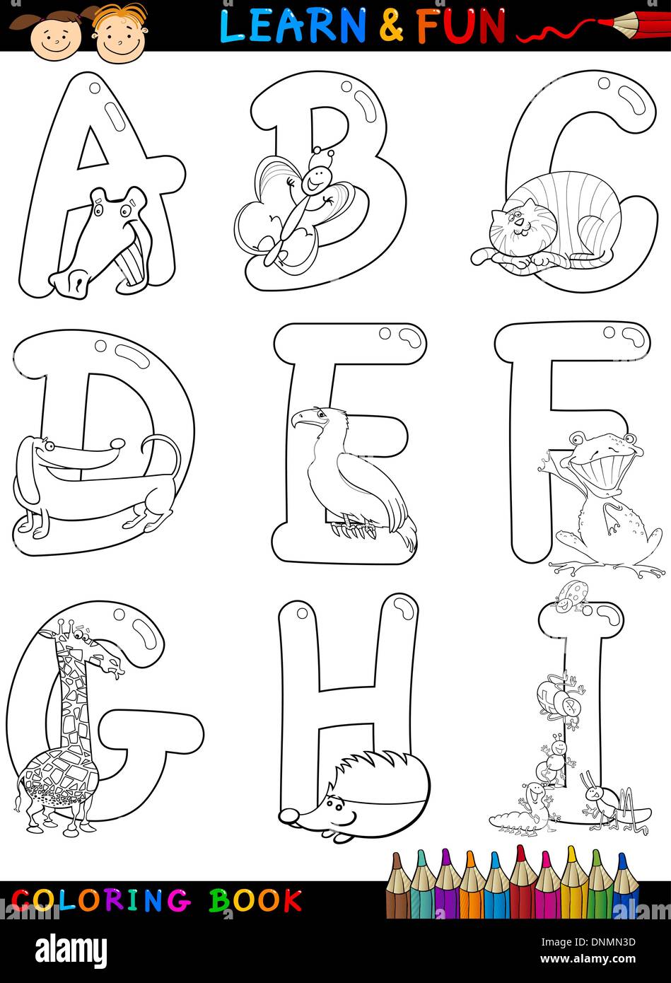 Cartoon Alphabet Malbuch oder Seitensatz mit lustigen Tieren für Kinder Bildung und Spaß Stock Vektor