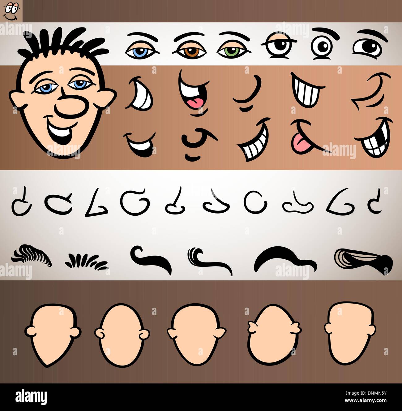 Comic-Illustration lustig Mann Gesicht Elemente solcher Augen, Mund, Nase, Kopf und Haare für Animation oder Anwendung Stock Vektor