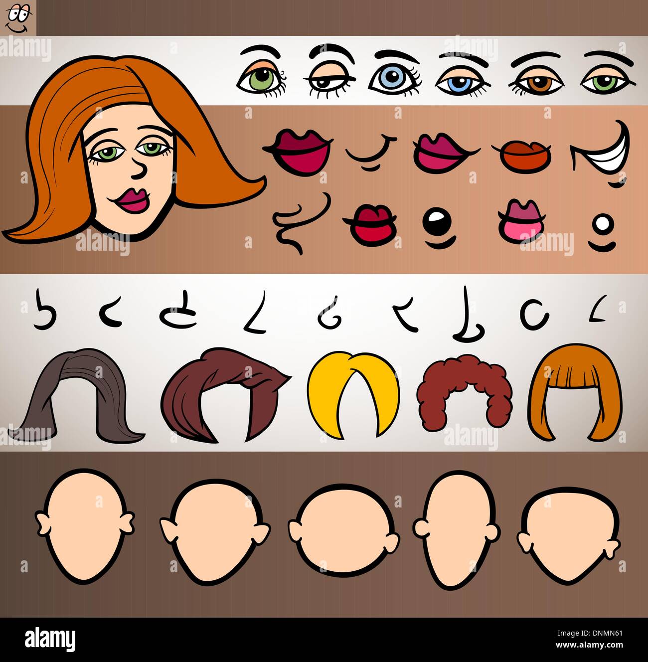 Comic-Illustration lustig Frau Gesicht Elemente solcher Augen, Lippen, Nase, Kopf und Haare für Animation oder Anwendung Stock Vektor
