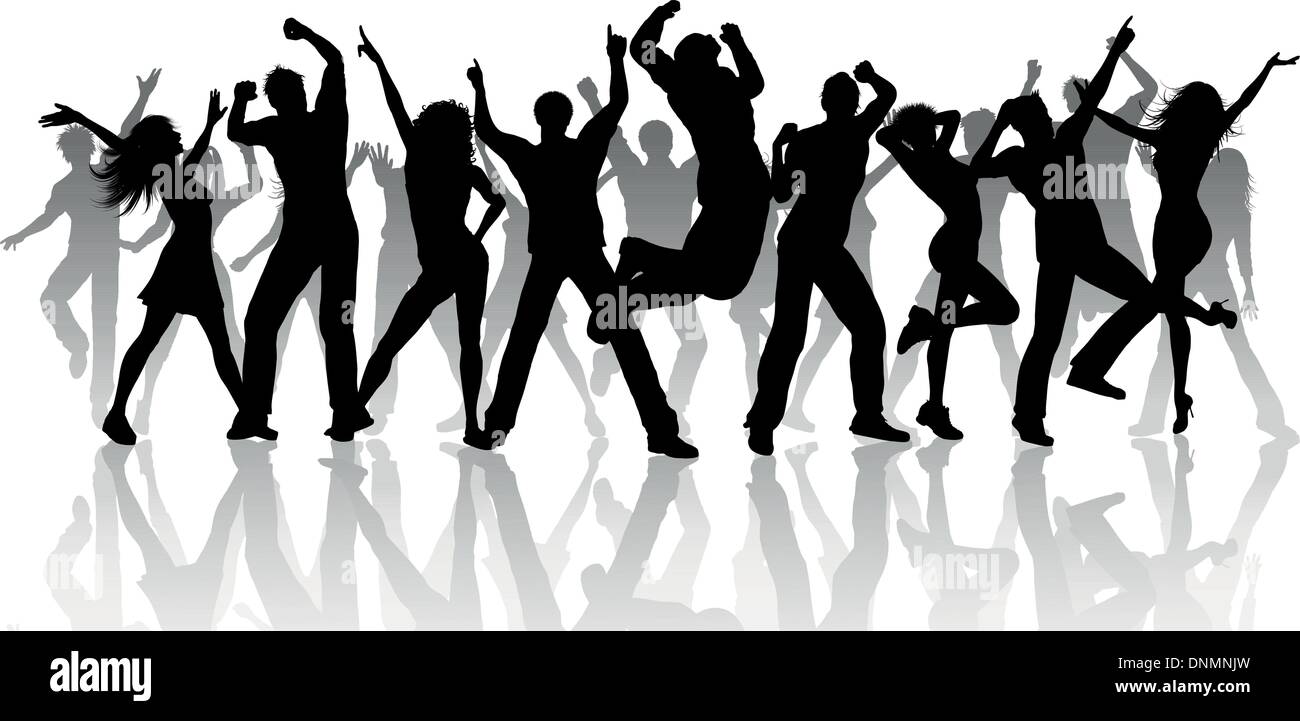 Silhouette einer großen Gruppe von Menschen tanzen auf weißem Hintergrund Stock Vektor