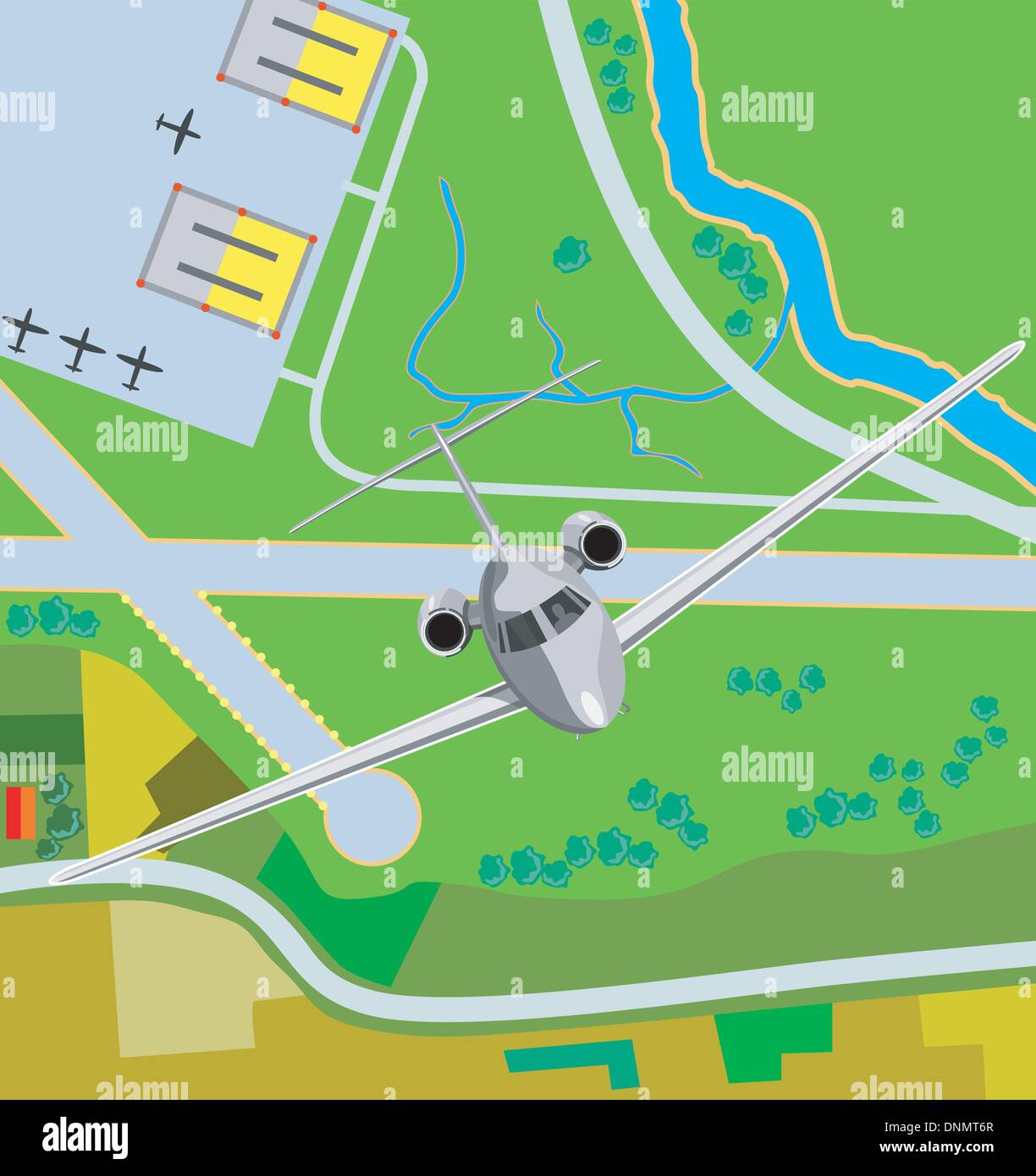 Illustration einer kommerziellen Jet Flugzeug Passagierflugzeug Luftbild. Stock Vektor