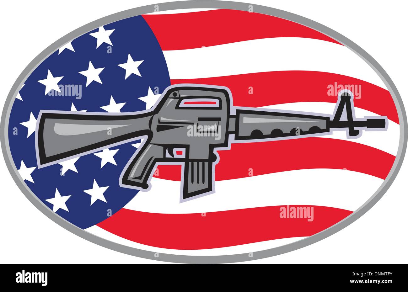 Abbildung von einem Colt AR-15 Armalite M-16 Sturmgewehr mit amerikanischen stars und Stripes flag gesetzt innen Ellipse von Seite betrachtet. Stock Vektor