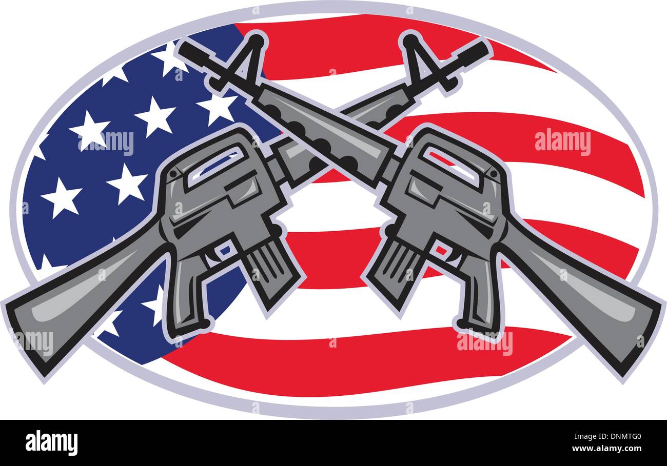 Abbildung von einem Colt AR-15 Armalite M-16 Sturmgewehr mit amerikanischen stars und Streifen flag gekreuzten gesetzt innen Ellipse Seitenansicht. Stock Vektor