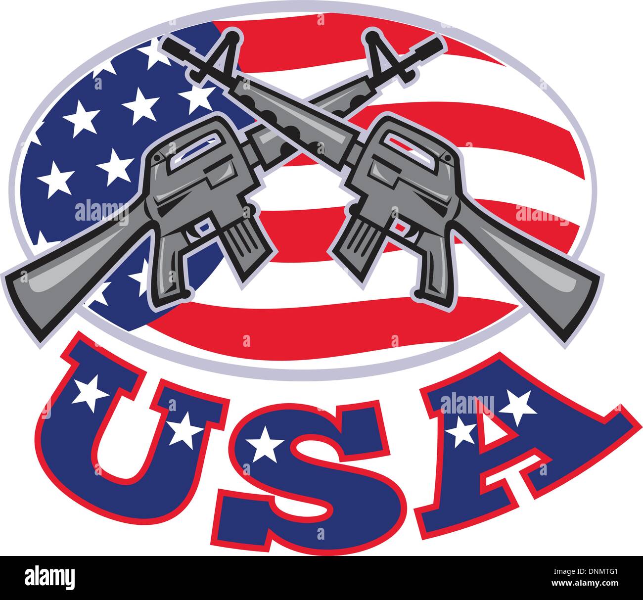 Abbildung von einem Colt AR-15 Armalite M-16 Sturmgewehr mit amerikanischen stars und Stripes flag gekreuzten gesetzt in Seitenansicht mit Worten USA Ellipse. Stock Vektor