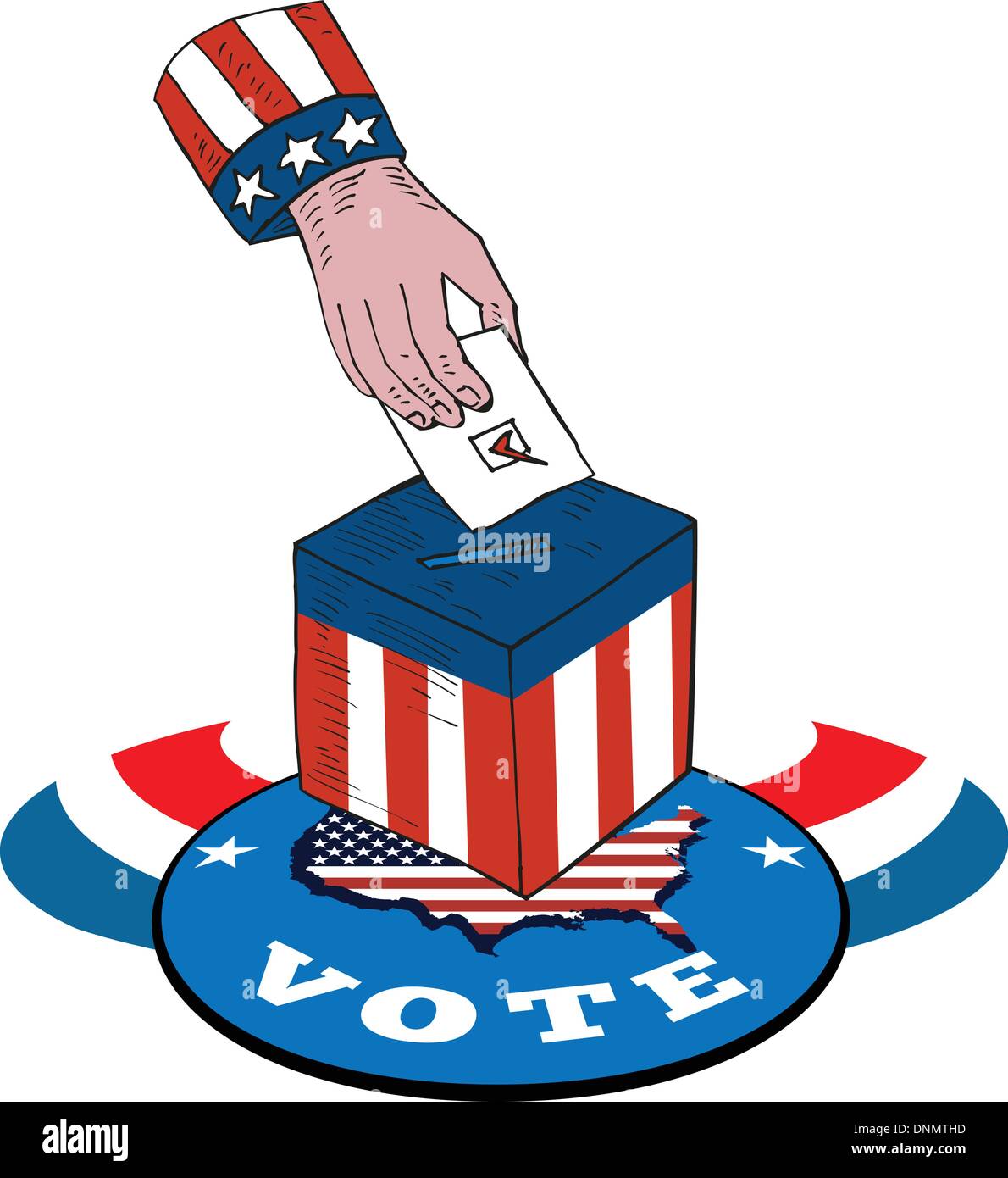 Illustration von einer Hand setzen Stimmzettel Votign in Box mit amerikanischen stars und Stripes Flagge und Karte und Wort stimmen. Stock Vektor