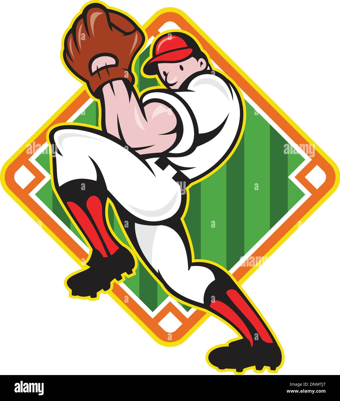 Comic-Illustration von einem Baseball Spieler Krug pitching Ball nach vorne mit Diamant-Feld im Hintergrund. Stock Vektor