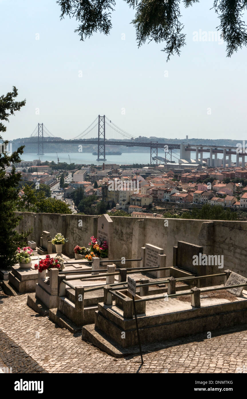 Gräber am Cemiterio Dos Prazeres (Friedhof der Vergnügungen) mit Blick auf Fluss Tejo und die 25 de Abril "Brücke Stockfoto