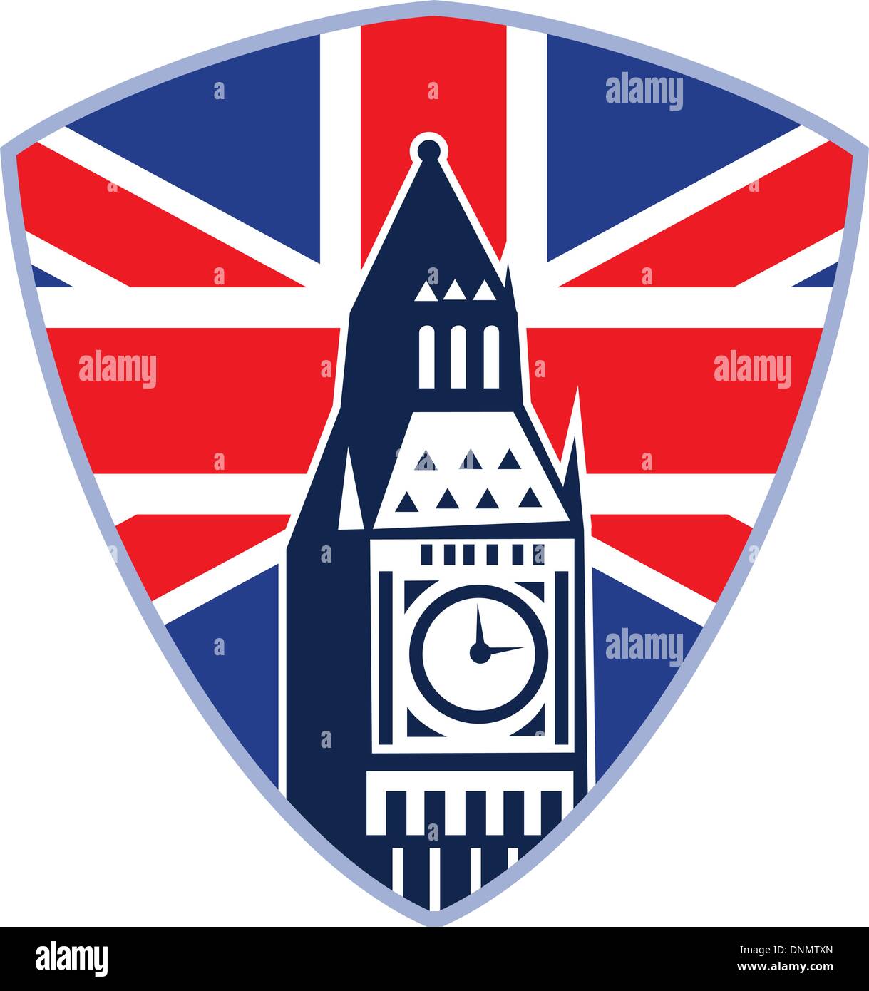 Retro-Illustration des Big Ben Uhrturm mit Großbritannien britische Union Jack flag gesetzt in Schild auf isolierten weißen Hintergrund. Stock Vektor