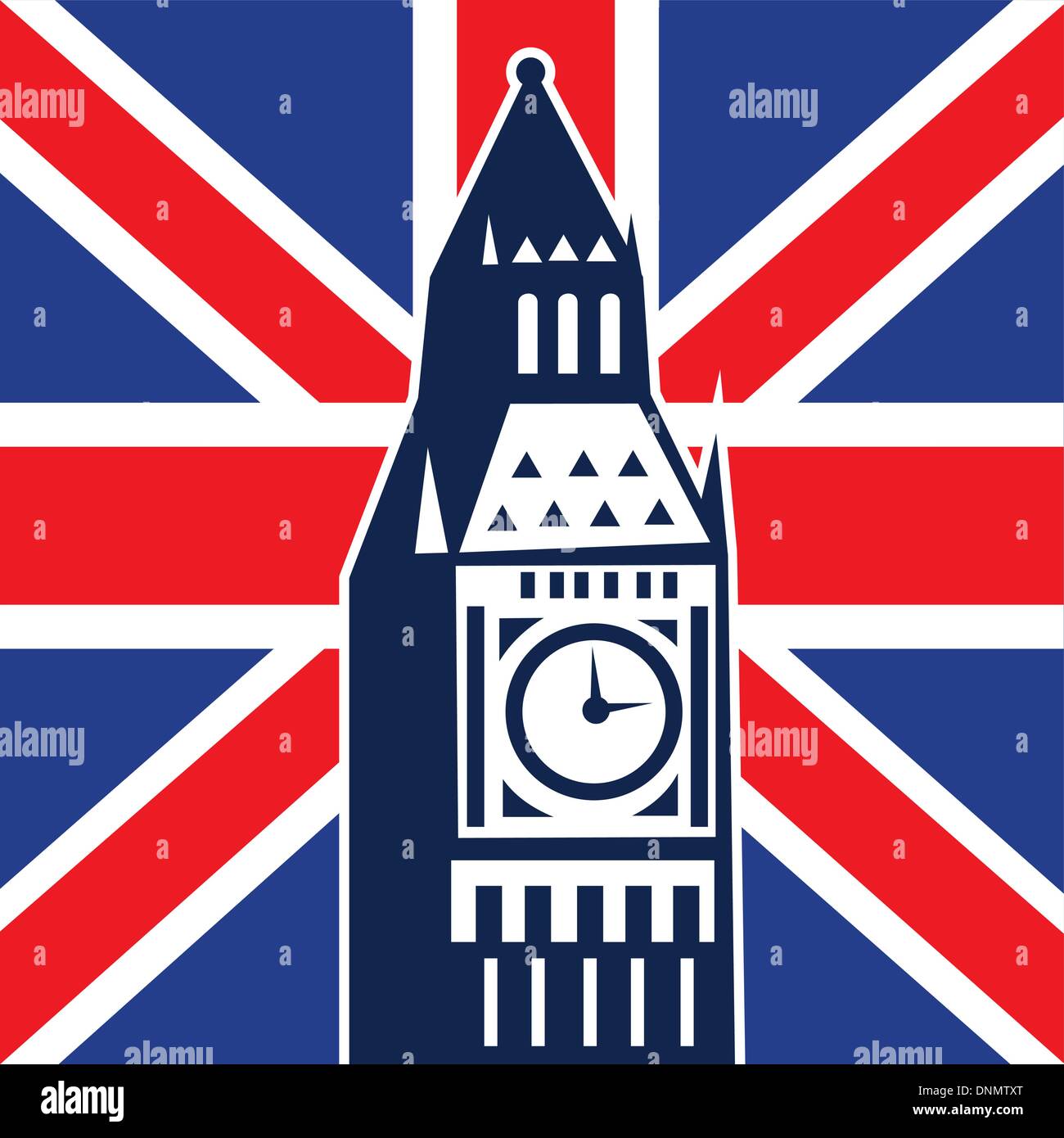 Außenillustration eine Ikone mit Großbritannien britische Union Jack Flagge und Glockenturm Big Ben Clock Stock Vektor