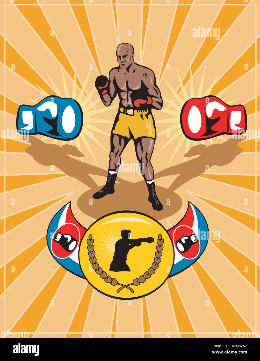 Abbildung eines Boxers posiert mit Handschuhen und Championship-Gürtel-retro-Stil Stock Vektor
