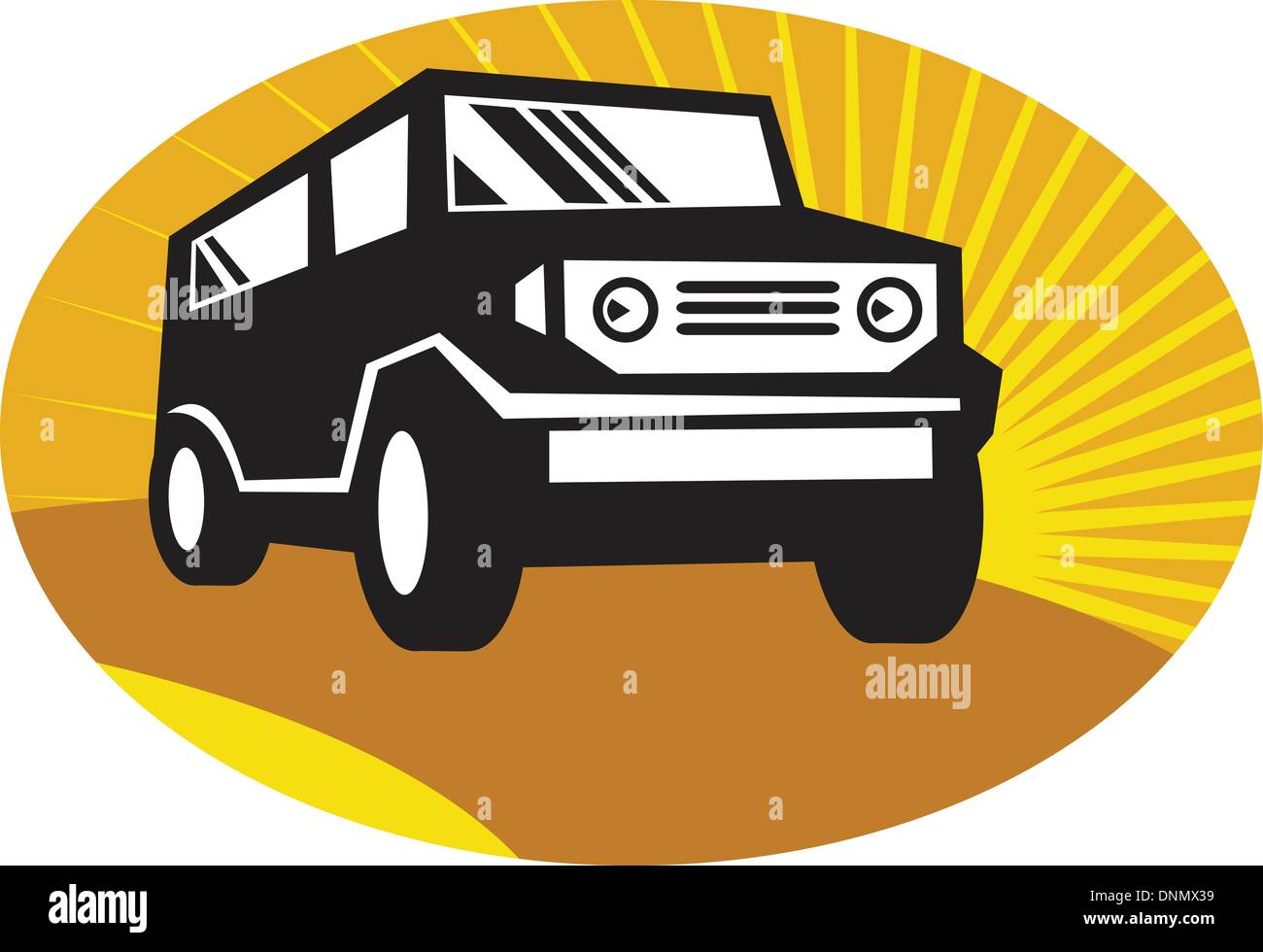 Illustration einer ein Auto Sport Utility Fahrzeug Suv auf der Straße im Inneren Oval mit Sunburst im Hintergrund. Stock Vektor