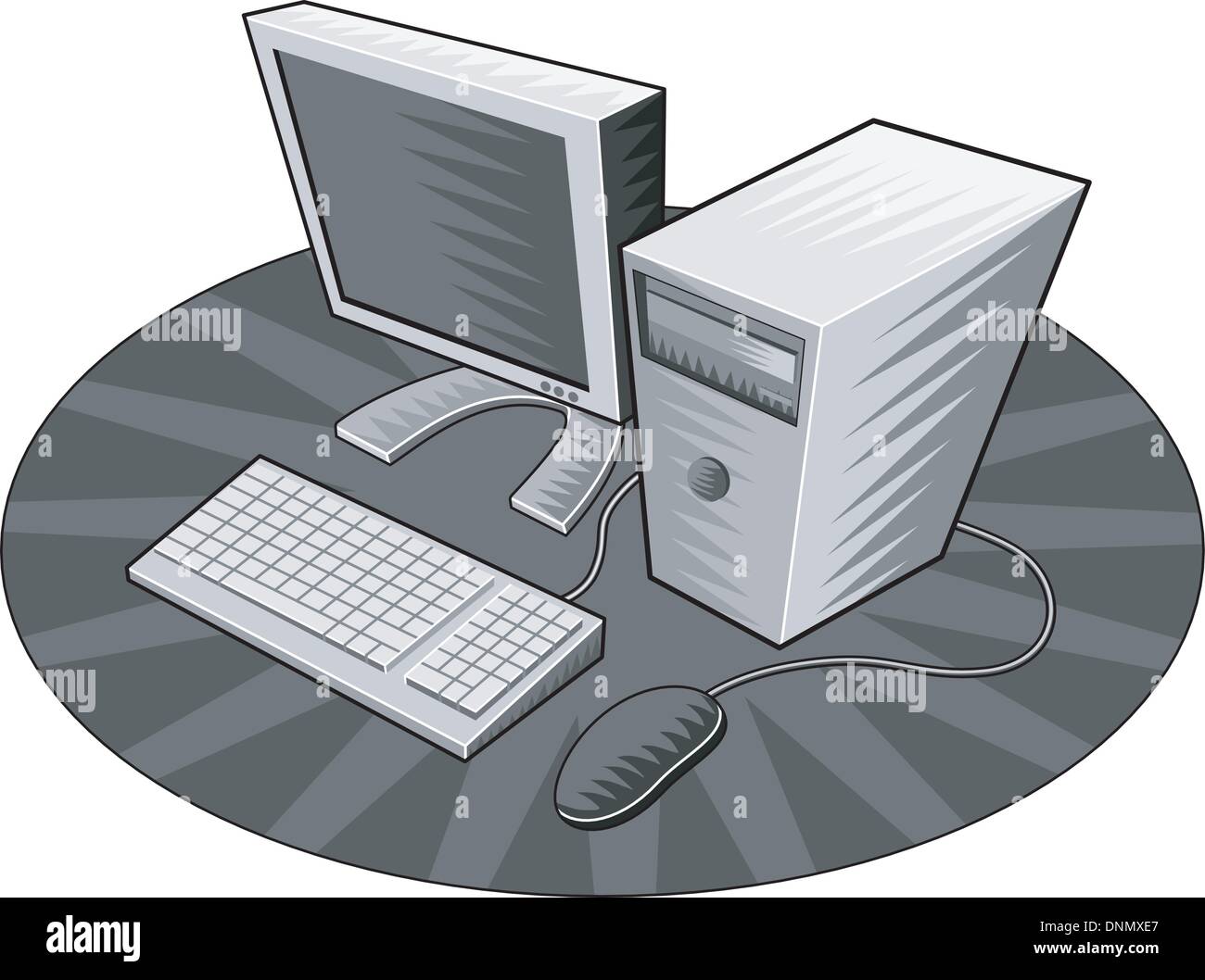 Illustration einer verkabelten Computer Maus Monitor-pc-Tower im retro-Stil gemacht. Stock Vektor