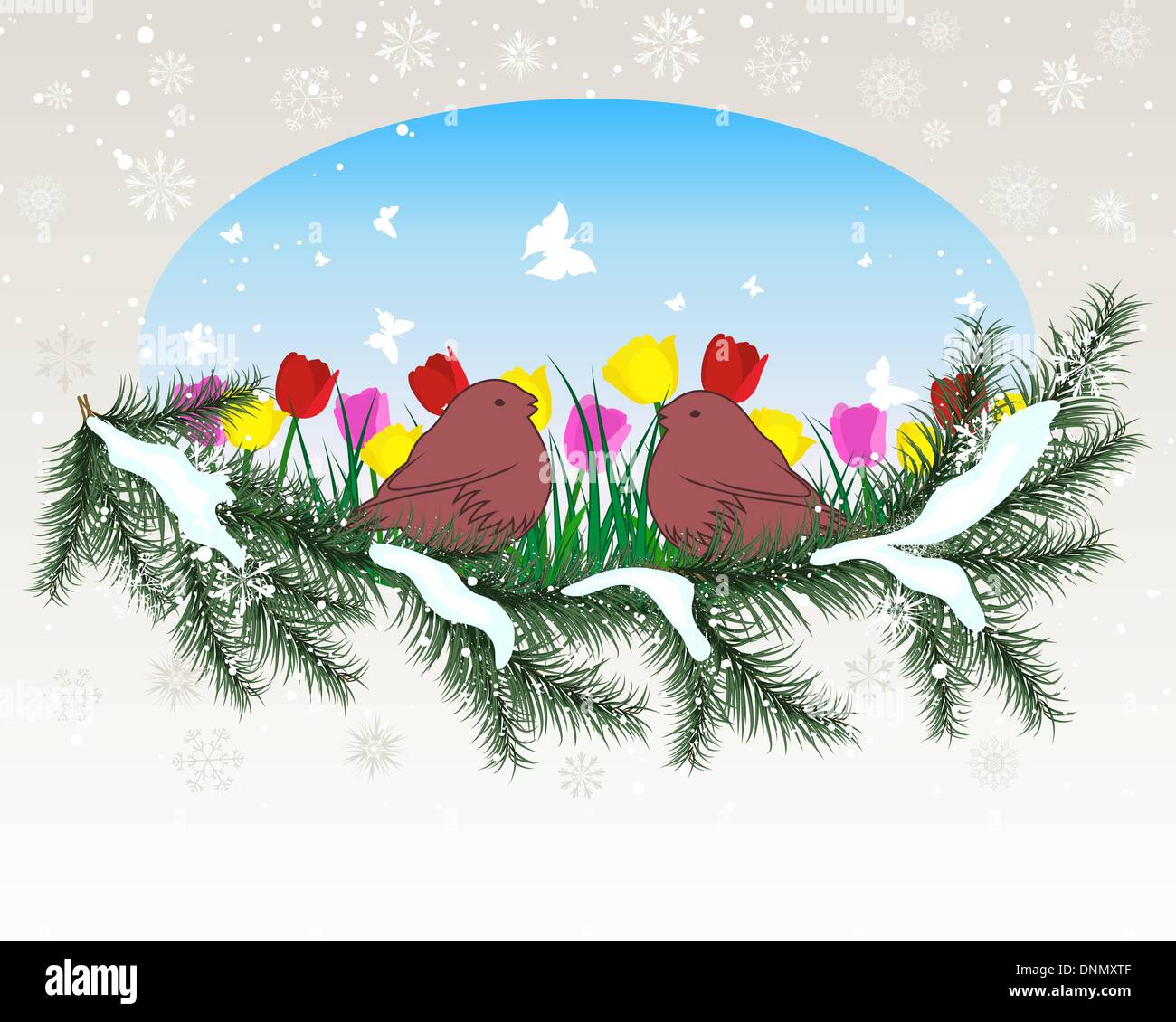Winter Hintergrund mit ovalen Fenster und Grass Silhouetten-Hintergrund. Alle Objekte werden getrennt. Stock Vektor