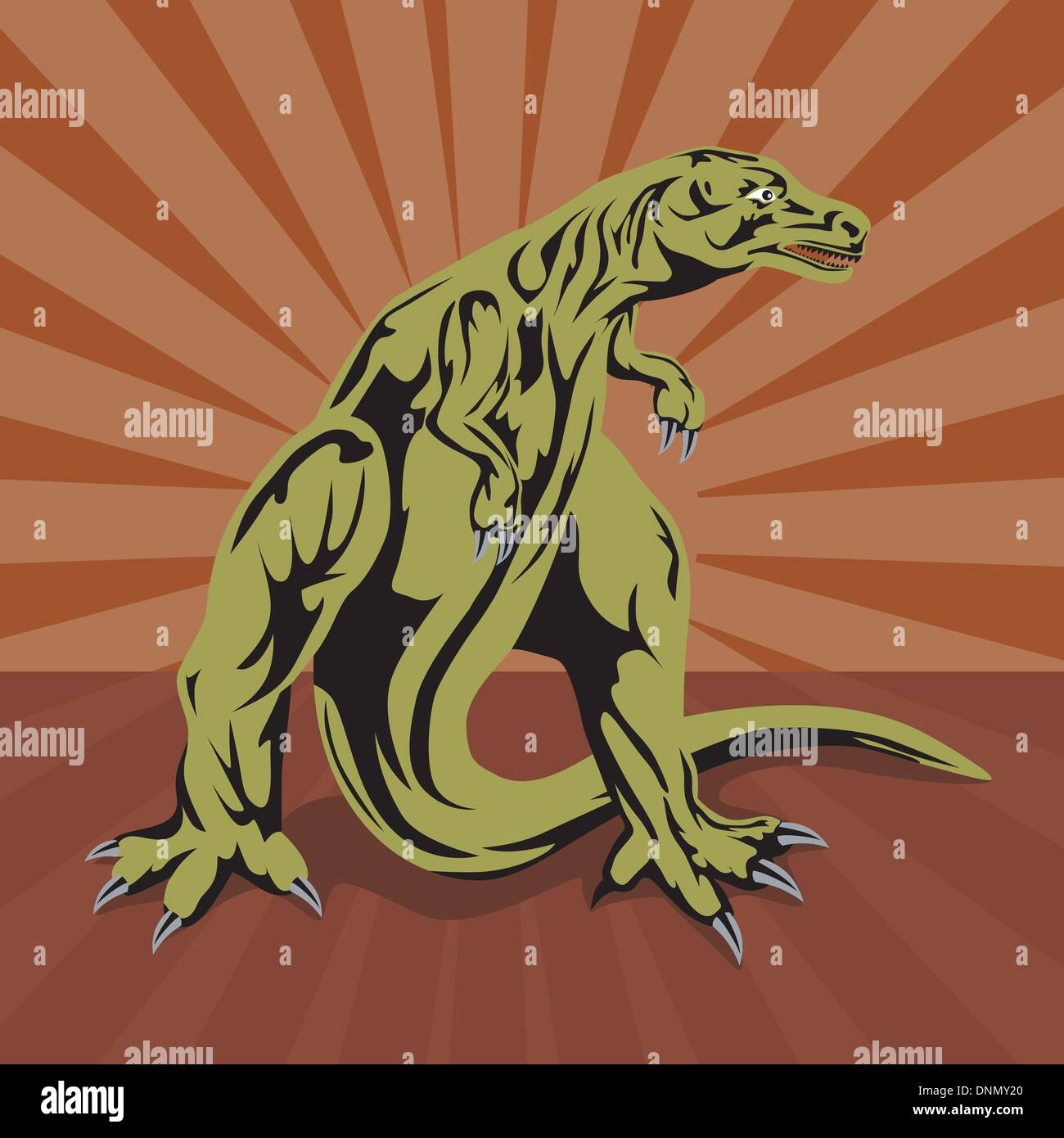 Illustration von t-Rex Dinosaurier stehend mit Sunburst im Hintergrund getan im retro-Stil. Stock Vektor