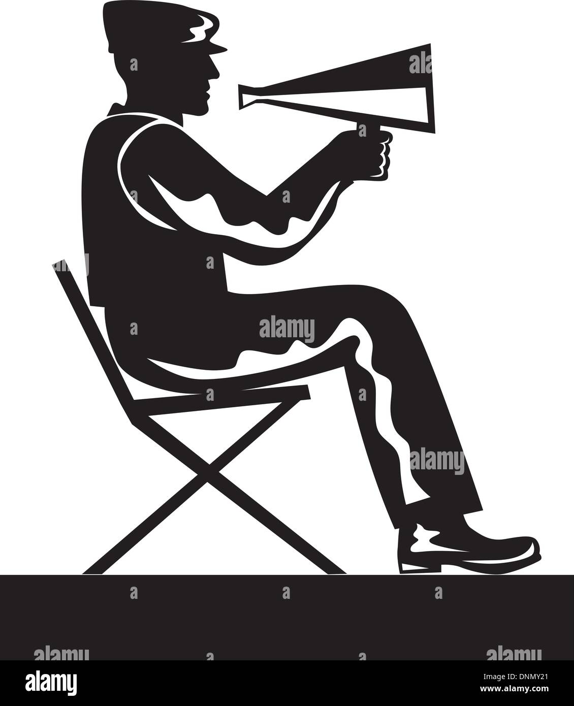 Abbildung des Regisseurs sitzen mit Megaphon im retro-Stil gemacht. Stock Vektor