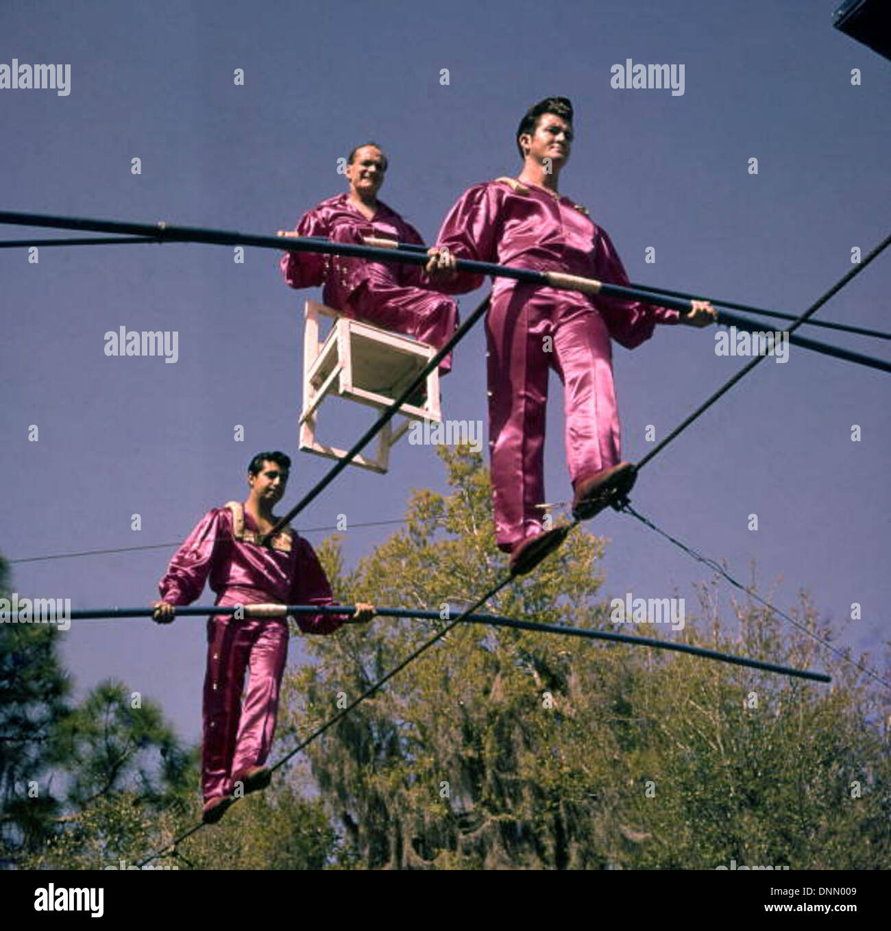 Ein Foto, das die Flying Wallendas zeigt, eine berühmte Zirkusfamilie, die in den 1960er Jahren in Sarasota, Florida, ihren High-Wire-Act aufführte Dieses Bild fängt ihre ikonischen Zirkusdarbietungen und ihr Erbe ein. Stockfoto