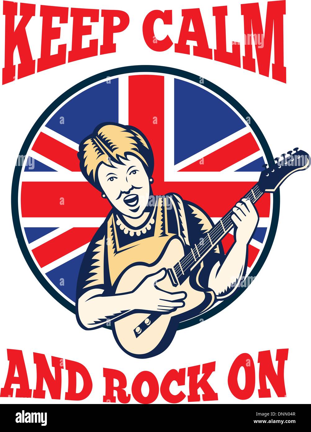 Retro-Abbildung einer britischen Oma Königin Gitarre mit Union Jack-Flagge im inneren Kreis mit Worten zu spielen zu halten, ruhig und auf Rock'. " Stock Vektor