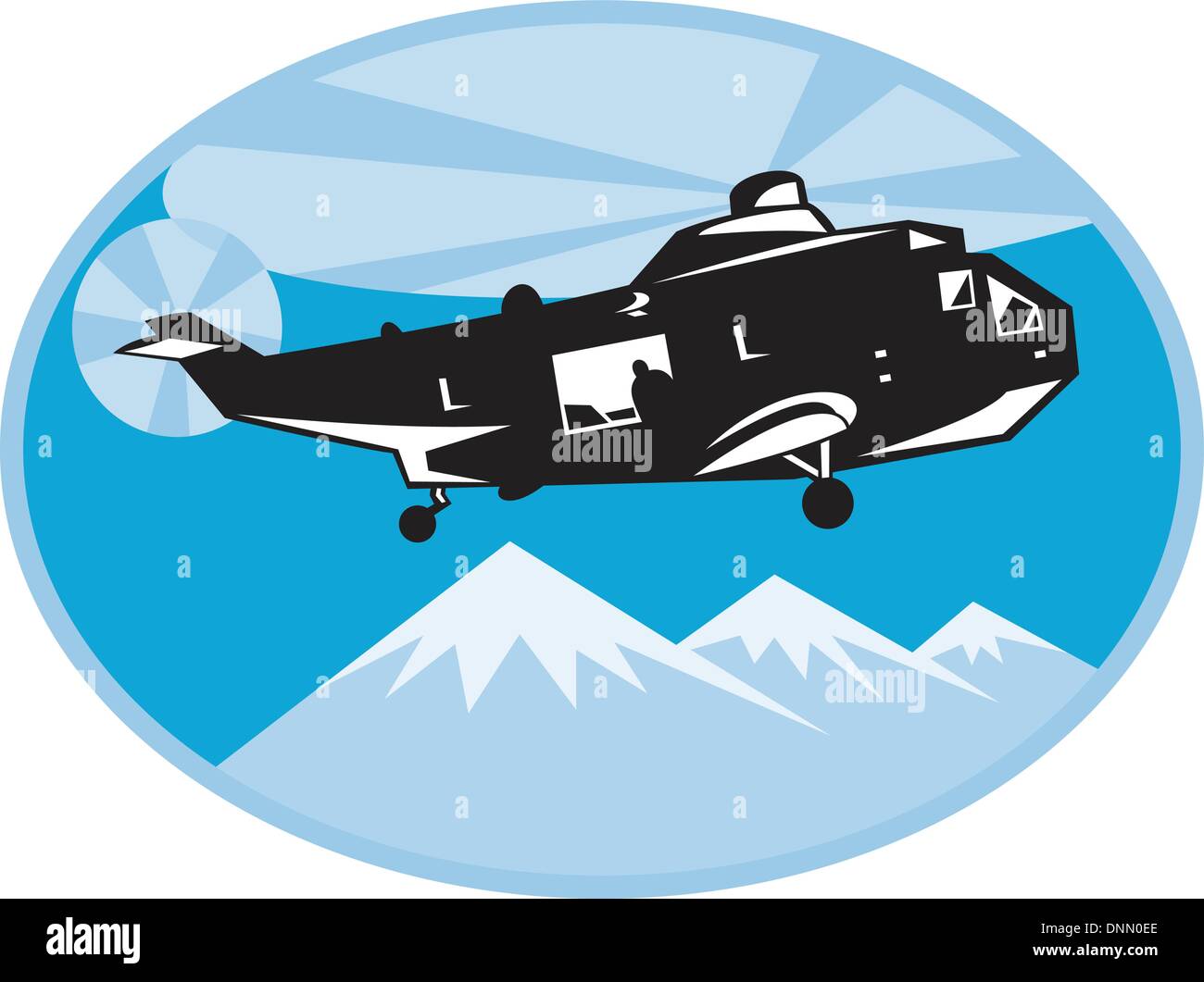 Illustration für ein Hubschrauber Hubschrauber Such- und Rettungsaktionen mit Bergen im Hintergrund im Inneren Ellipse getan im retro-Stil Stock Vektor