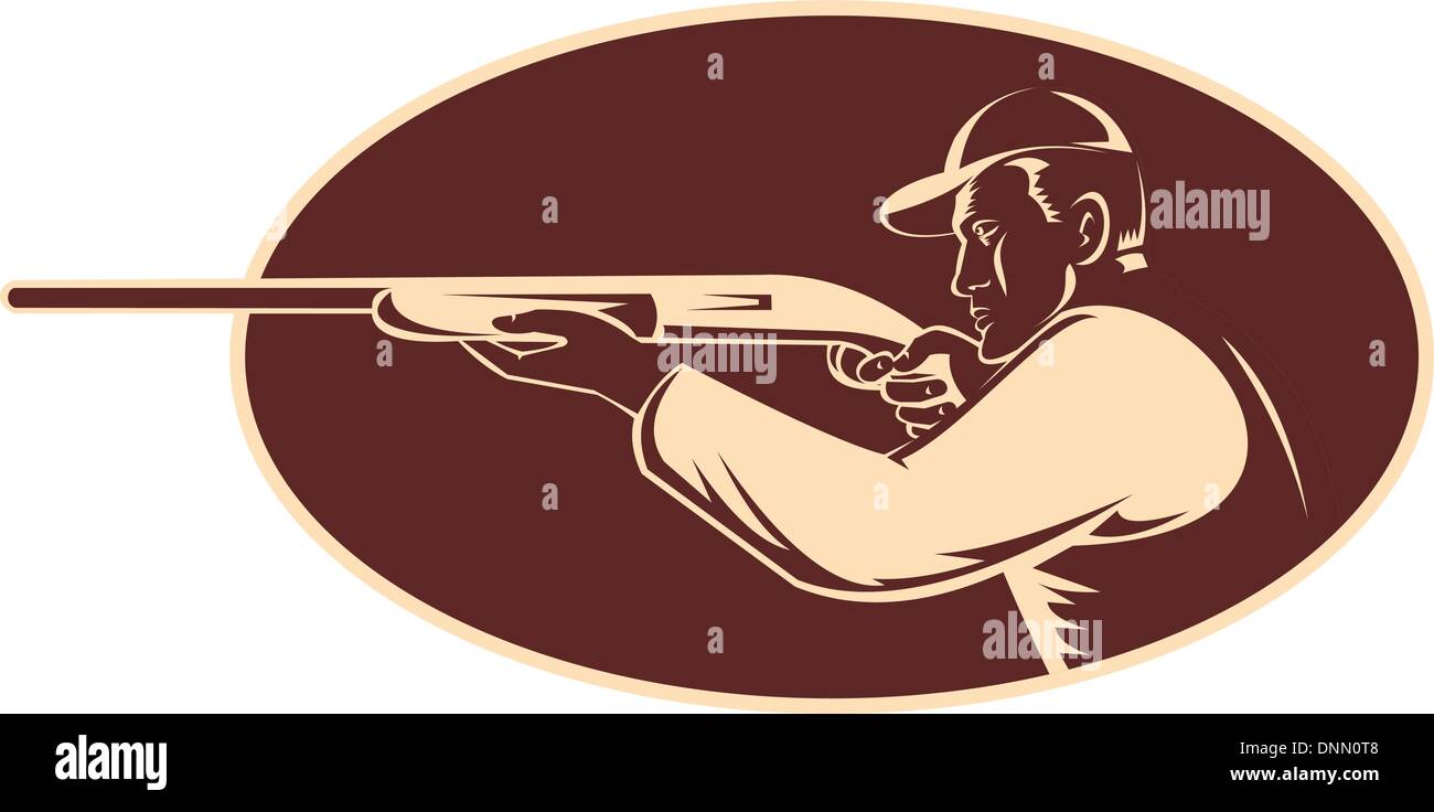 Abbildung eines Jägers, schießen mit dem Ziel Schrotflinte Gewehr von Seite Holzschnitt im Inneren Oval betrachtet Stock Vektor