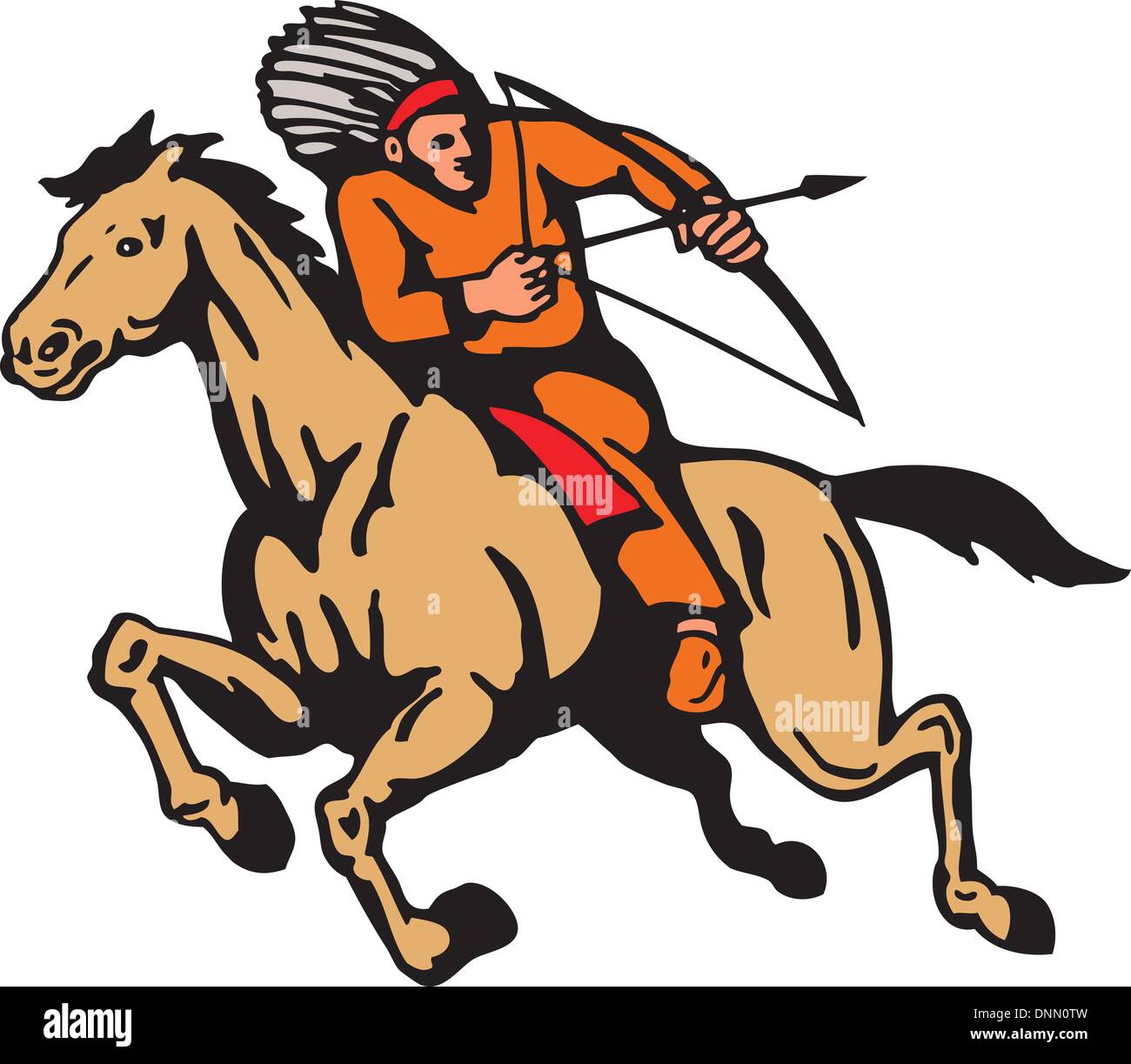 Illustration von indianischen Reiten schießen Pfeil mit Bogen auf isolierten weißen Hintergrund. Stock Vektor