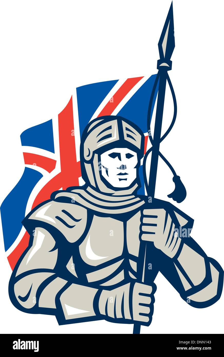 Darstellung der Ritter in voller Rüstung mit britischen Union Jack Flagge Vorderseite im retro-Stil auf isolierten weißen Hintergrund getan. Stock Vektor