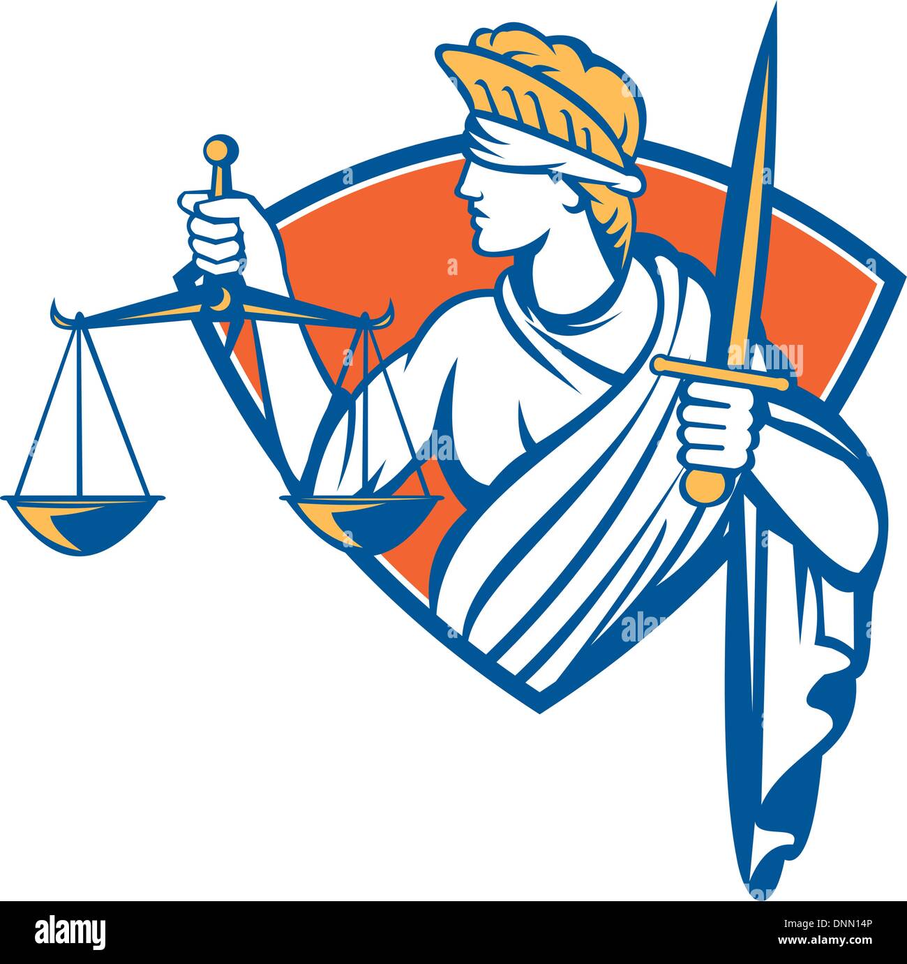 Illustration mit verbundenen Augen Dame zugewandten Seite hält Waage der Gerechtigkeit und Schwert im Wappen Schild auf isolierten weißen Hintergrund gesetzt. Stock Vektor
