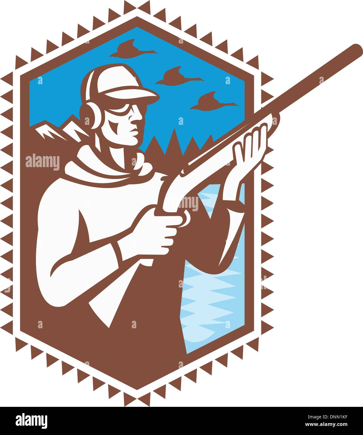 Abbildung eines Ente Jäger schützen mit Gewehr Gewehr mit Gänse und Berge im Hintergrund getan im retro-Stil. Stock Vektor