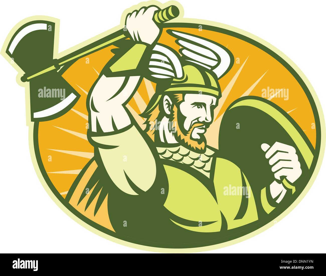 Abbildung eines Wikinger Krieger Raider Barbaren mit geflügelten Helm schwingen eine Streitaxt und Schild im Inneren Oval im retro-Stil gemacht. Stock Vektor Abbildung eines Wikinger Krieger Raider Barbaren mit geflügelten Helm schwingen eine Streitaxt und Schild im Inneren Oval im retro-Stil gemacht. Stock Vektor