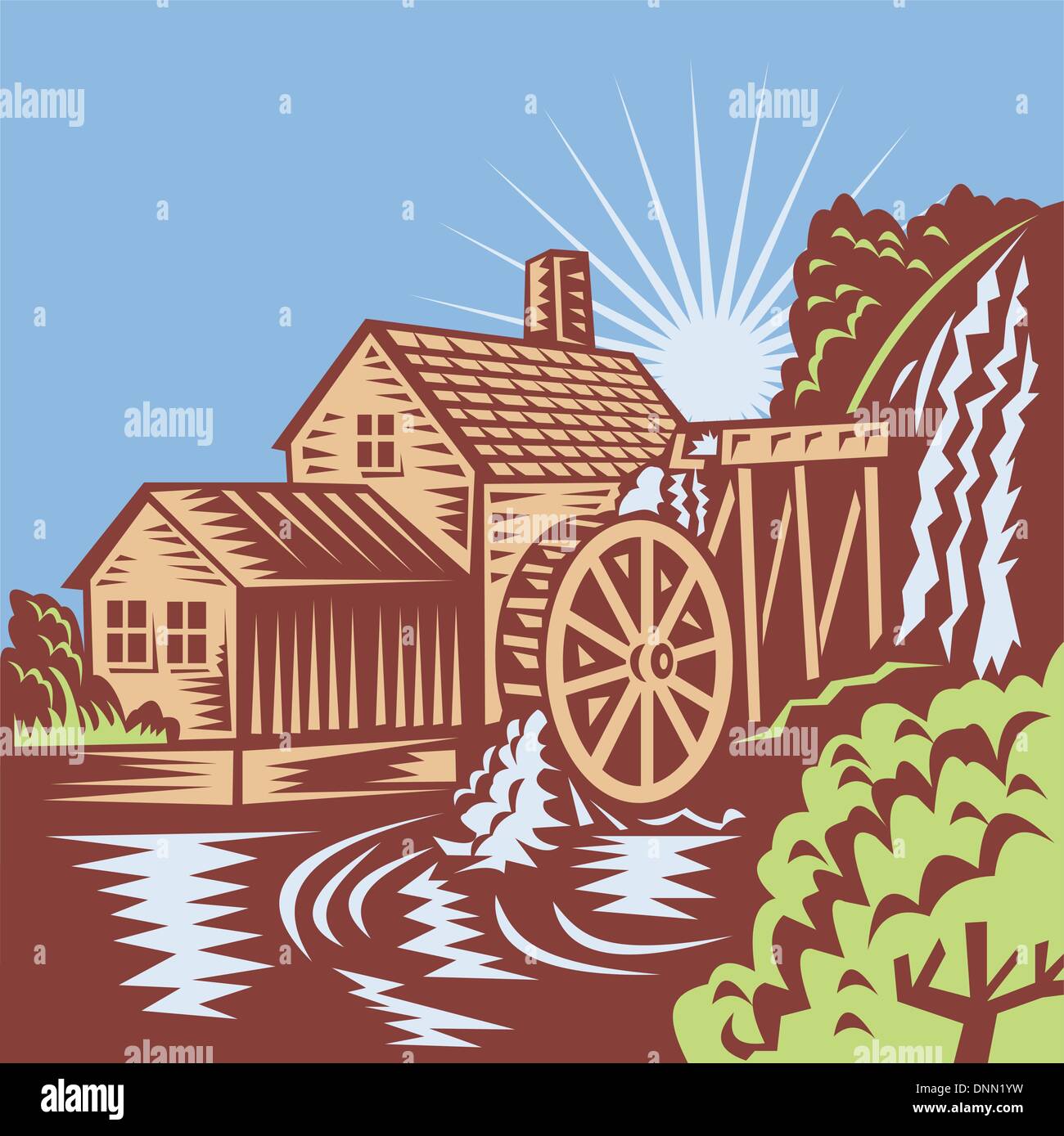Abbildung von einem Wasserrad Mühle Haus Wassermühle mit fließenden Fluss auf Retro-Holzschnitt-Stil gemacht. Stock Vektor