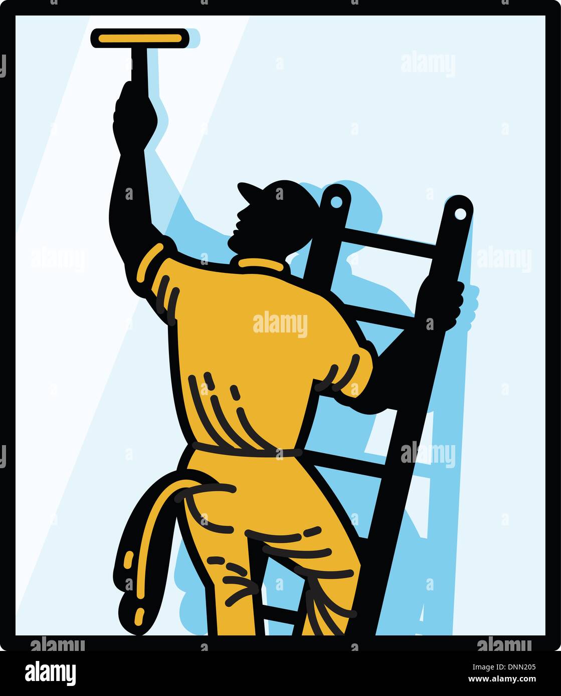 Abbildung eines Fenster Reiniger Arbeitnehmers Reinigung auf Leiter mit Rakel angesehen von hinten im Inneren Platz gemacht im retro-Stil. Stock Vektor