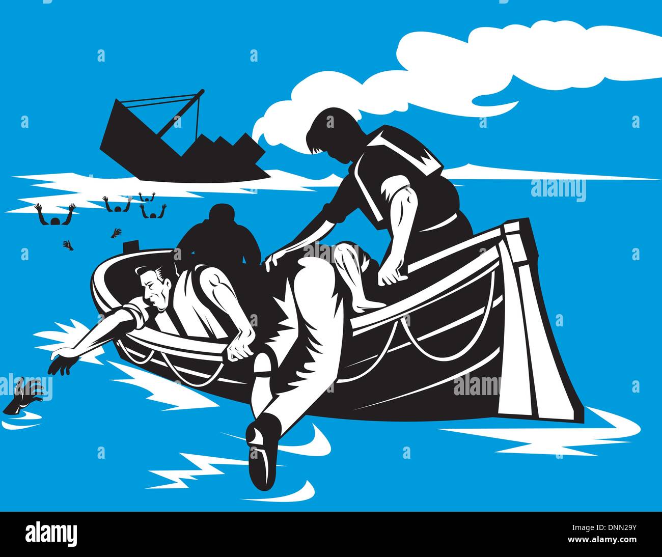 Illustration der Passagier Schiff sinkende Überlebenden helfen, andere Passagiere ins Boot Rettungsinsel in Retro-Holzschnitt Stil getan. Stock Vektor