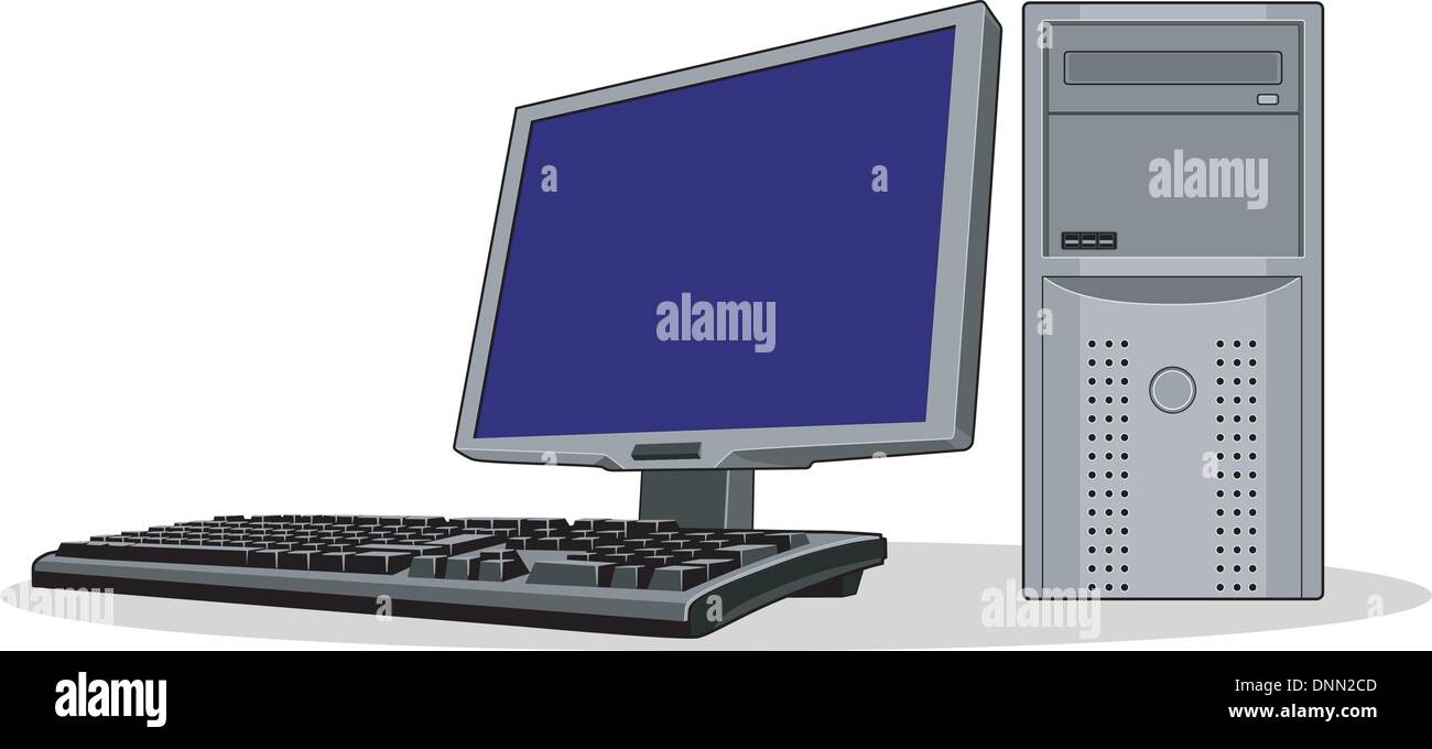 Abbildung von Computer Flatscreen-Monitor mit Tastatur-set auf weißem Hintergrund im retro-Stil gemacht. Stock Vektor