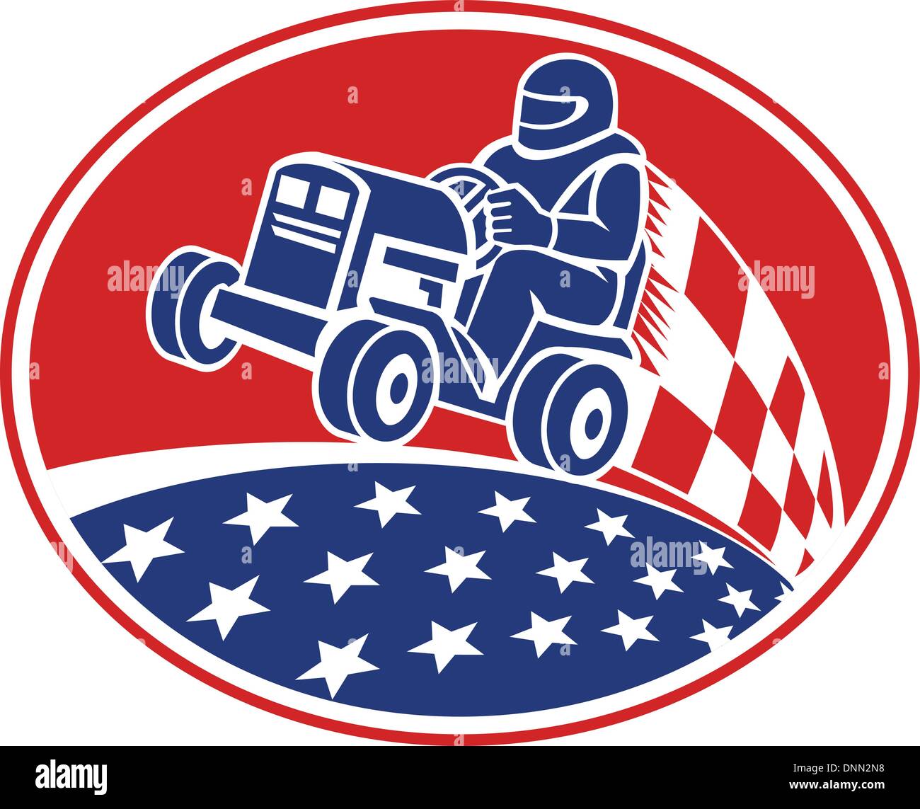 Abbildung eines amerikanischen Fahrer fahren Fahrt auf Rasenmäher racing Set innen Oval mit karierten Racing Flagge und Stars im retro-Stil gemacht. Stock Vektor