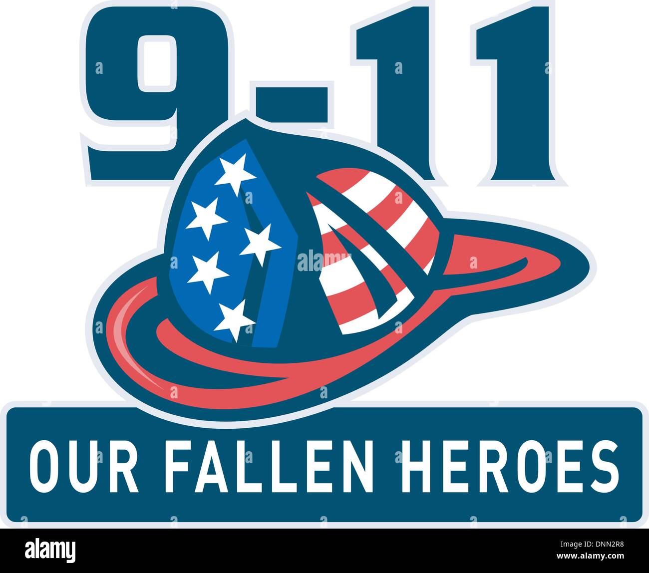 Illustration der Feuerwehrmann Feuerwehrmann Helm mit amerikanischer Flagge und Worte 9 / 11 unsere gefallenen Helden Stock Vektor