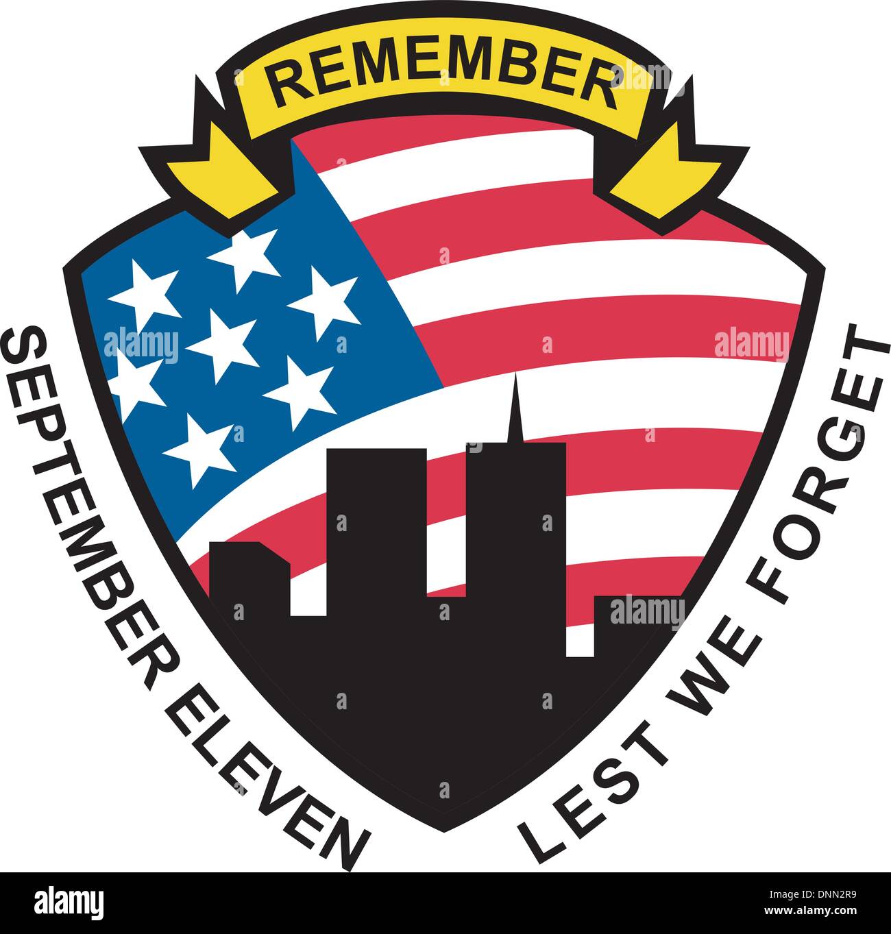 Abbildung eines Schildes mit amerikanischen Flagge Sterne und Streifen und 9 / 11 World Trade Center Gebäude silhouette mit Worten September elf gegen das vergessen Stock Vektor