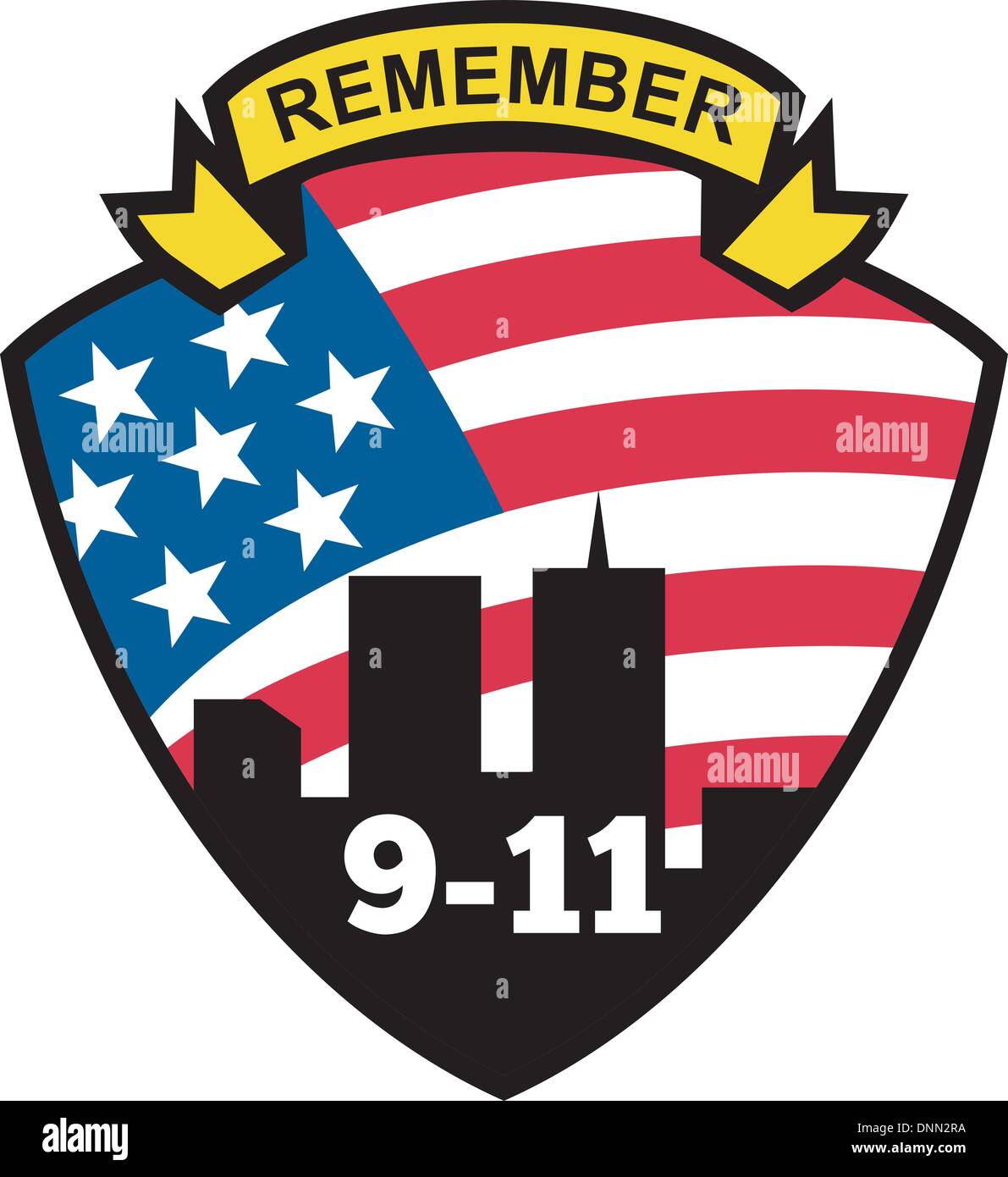 Abbildung eines Schildes mit amerikanischen Flagge Sterne und Streifen und 9 / 11 World Trade Center Gebäude Silhouette mit Worte erinnern 9-11 Stock Vektor