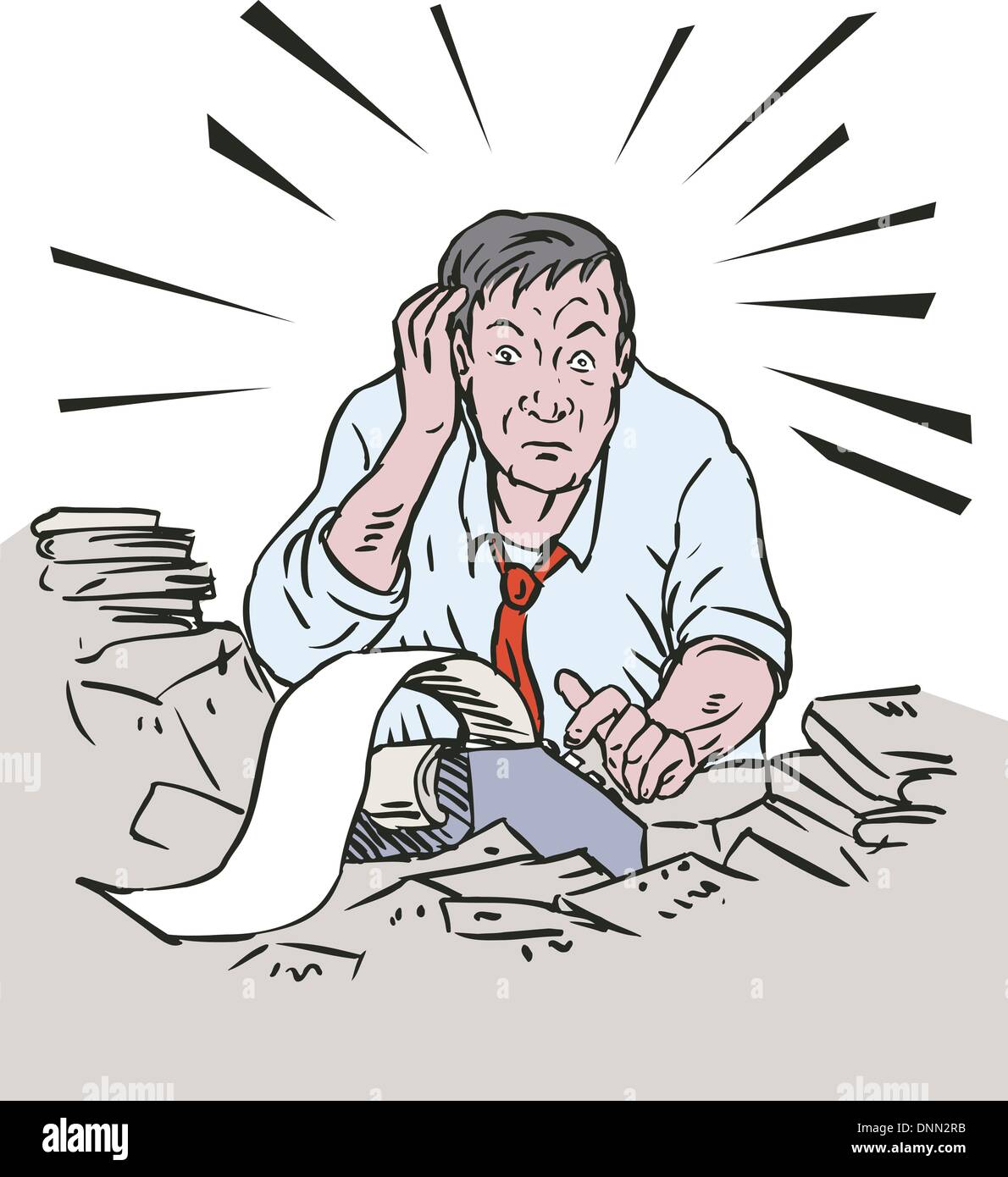 Illustration der Buchhalter Geschäftsmann kratzen Kopf besorgten Blick Rechner. Stock Vektor