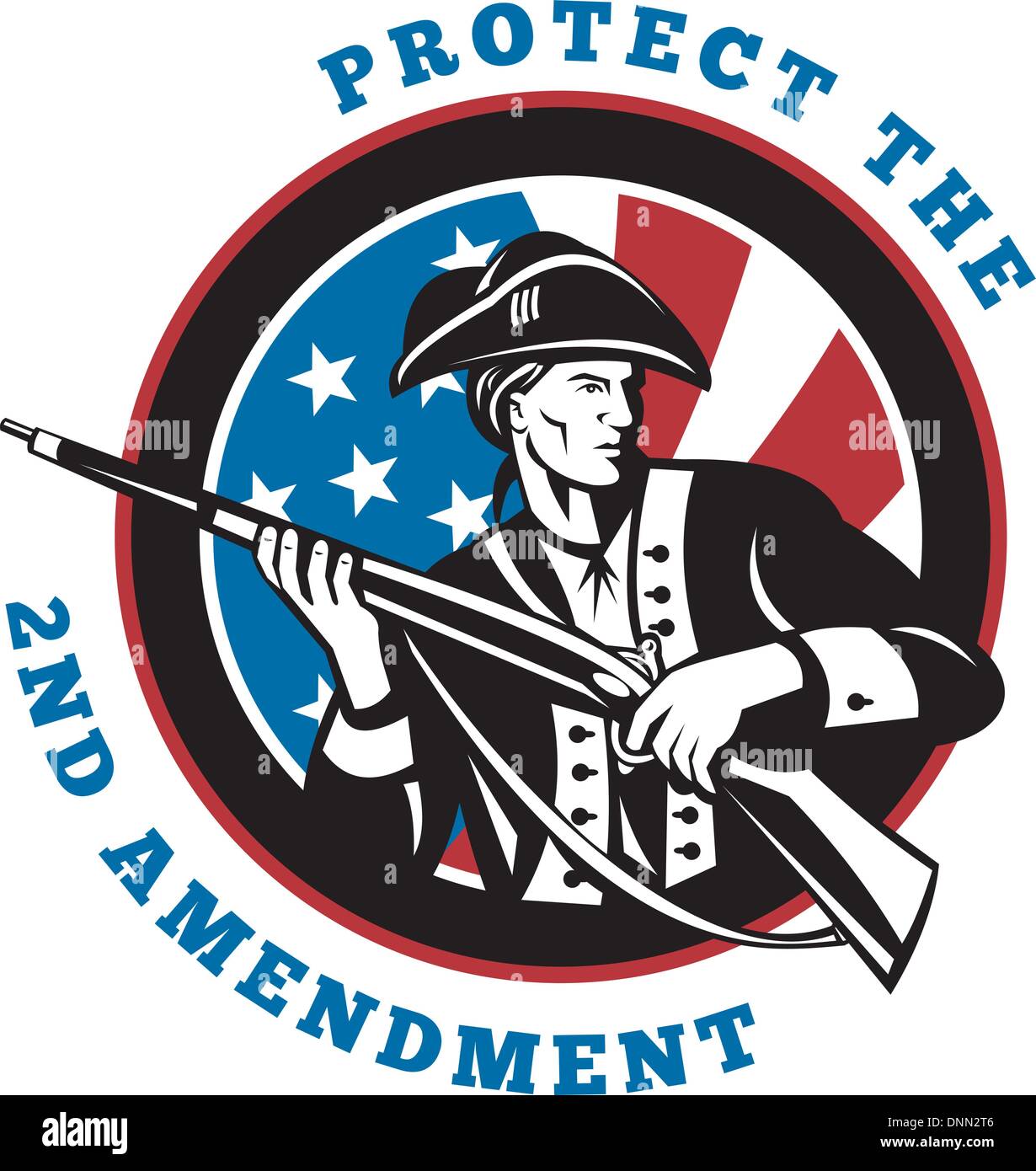 Grafikdesign Illustration eines amerikanischen revolutionären Soldaten mit Gewehr Flagge mit Wortlaut Text schützen die 2. Änderung Stock Vektor