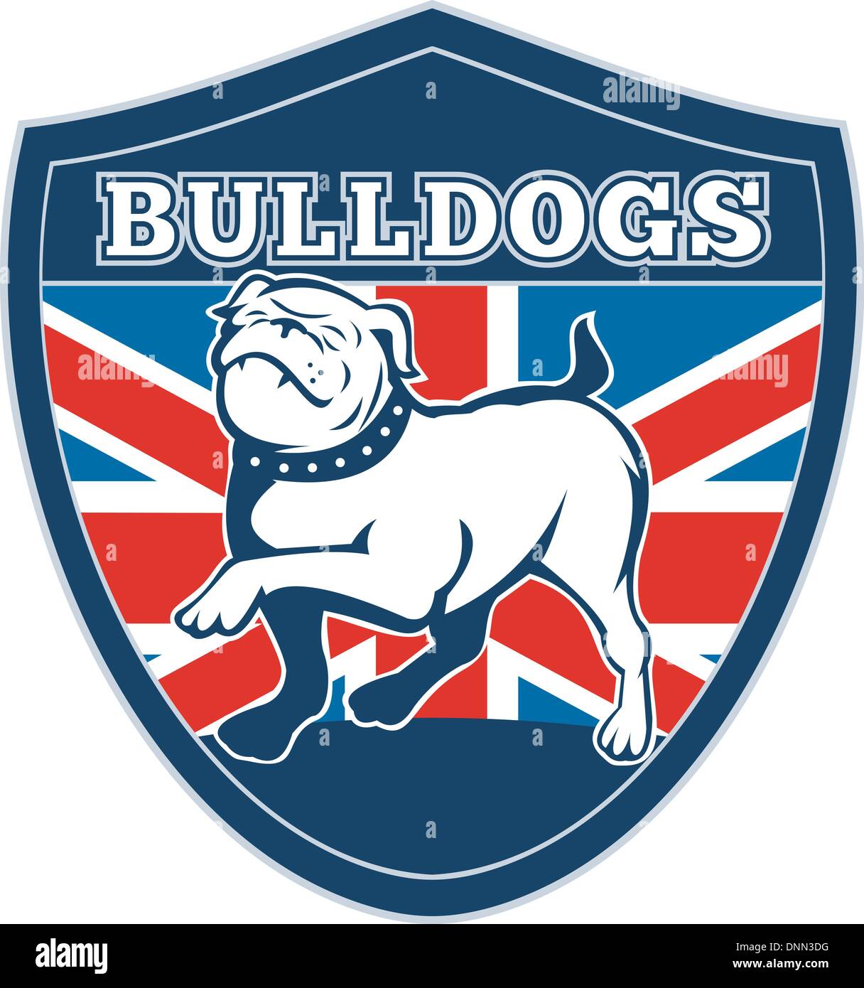 Außenillustration eine stolze englische Bulldogge marschieren mit Großbritannien oder britische Flagge im Hintergrund set in einen Schild mit Worten Bulldogs passend für alle Sport-Team-Maskottchen " Stock Vektor
