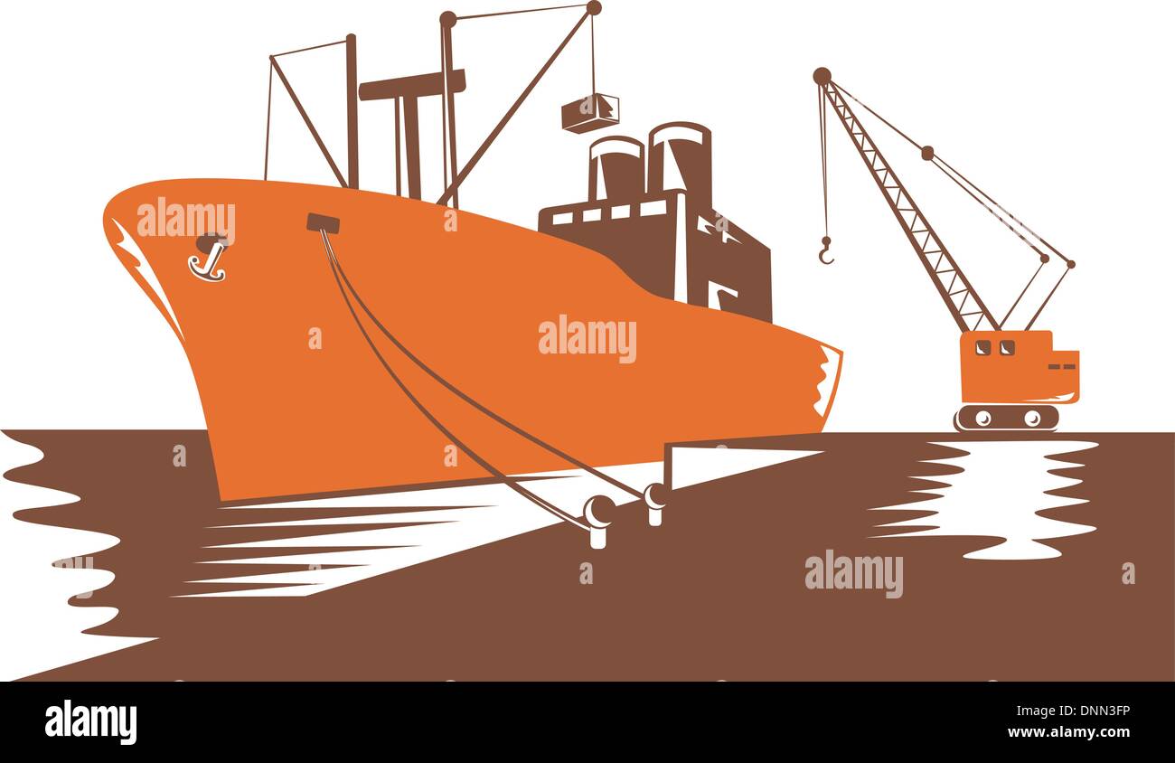 Abbildung einer Pkw-Ladung Schiff im Dock mit Kran getan im retro-Stil Stock Vektor