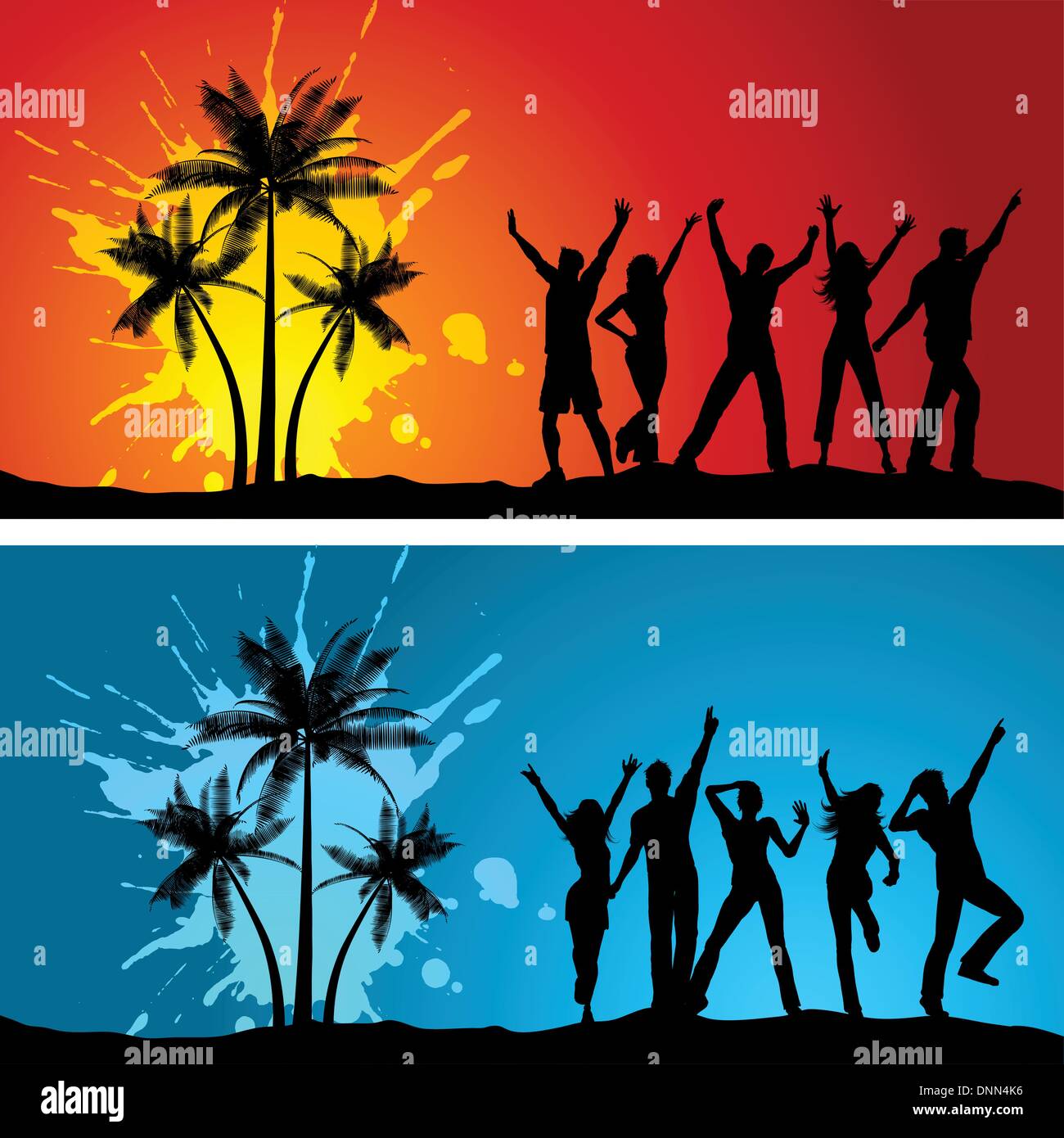 Silhouetten von Menschen tanzen auf Grunge palm Tree Hintergründe Stock Vektor