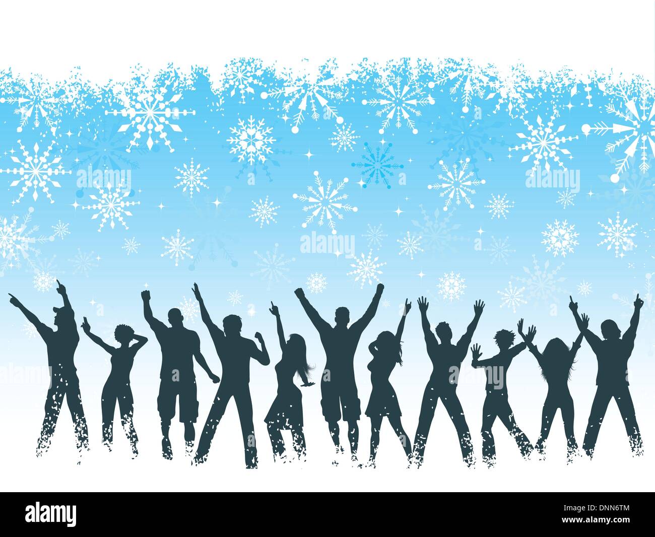 Silhouetten von Menschen tanzen auf Schneeflocke Hintergrund Stock Vektor