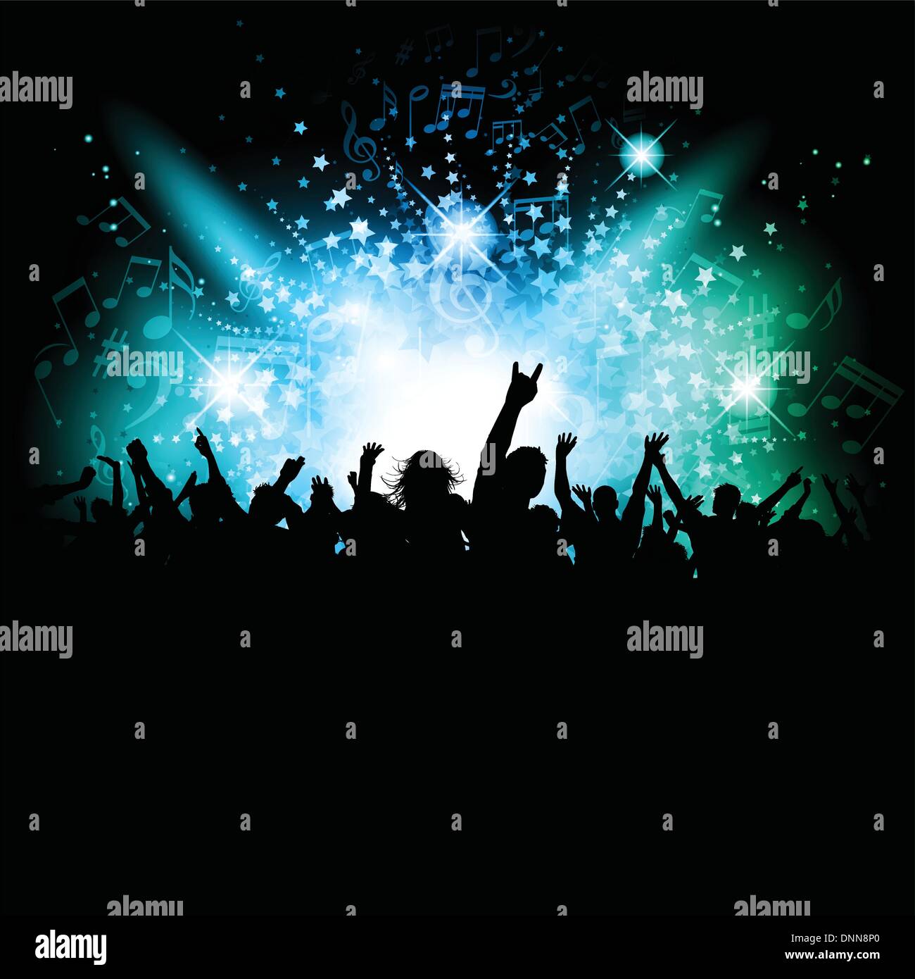 Silhouette einer erregten Menge auf einer Musik stellt Hintergrund Stock Vektor