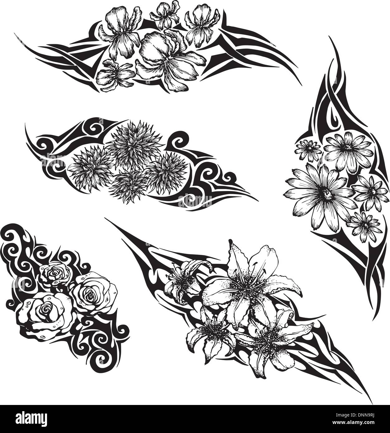 Tribal Blumen-Tattoos. Satz von schwarzen und weißen Vektor-Illustrationen. Stock Vektor