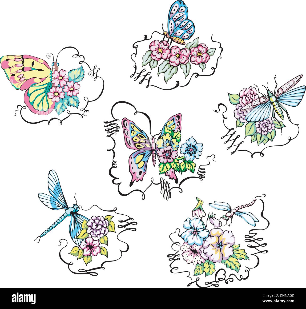 Schmetterlinge und Libellen auf Blumen. Satz von Farbe-Vektor-Illustrationen. Stock Vektor