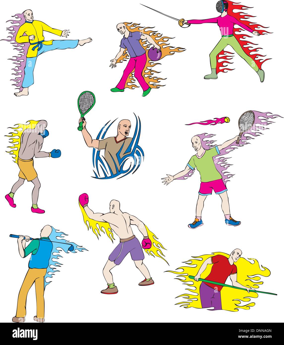 Sonstige Sportler mit Flammen. Satz von Farbe-Vektor-Illustrationen. Stock Vektor