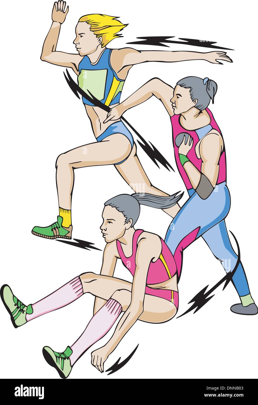 Leichtathletik. Siebenkampf: Weitsprung, Kugelstoßen, Rennen. Farbe-Vektor-Illustration. Stock Vektor