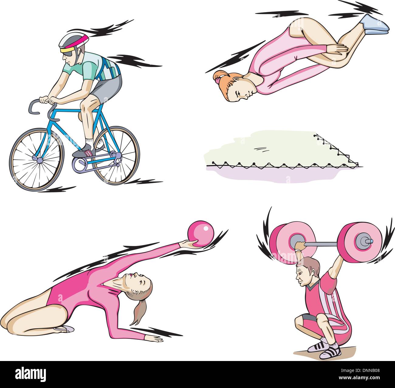 Sport: Radfahren, Rhythmische Sportgymnastik, Trampolin und Gewichtheben. Satz von Farbe-Vektor-Illustrationen. Stock Vektor