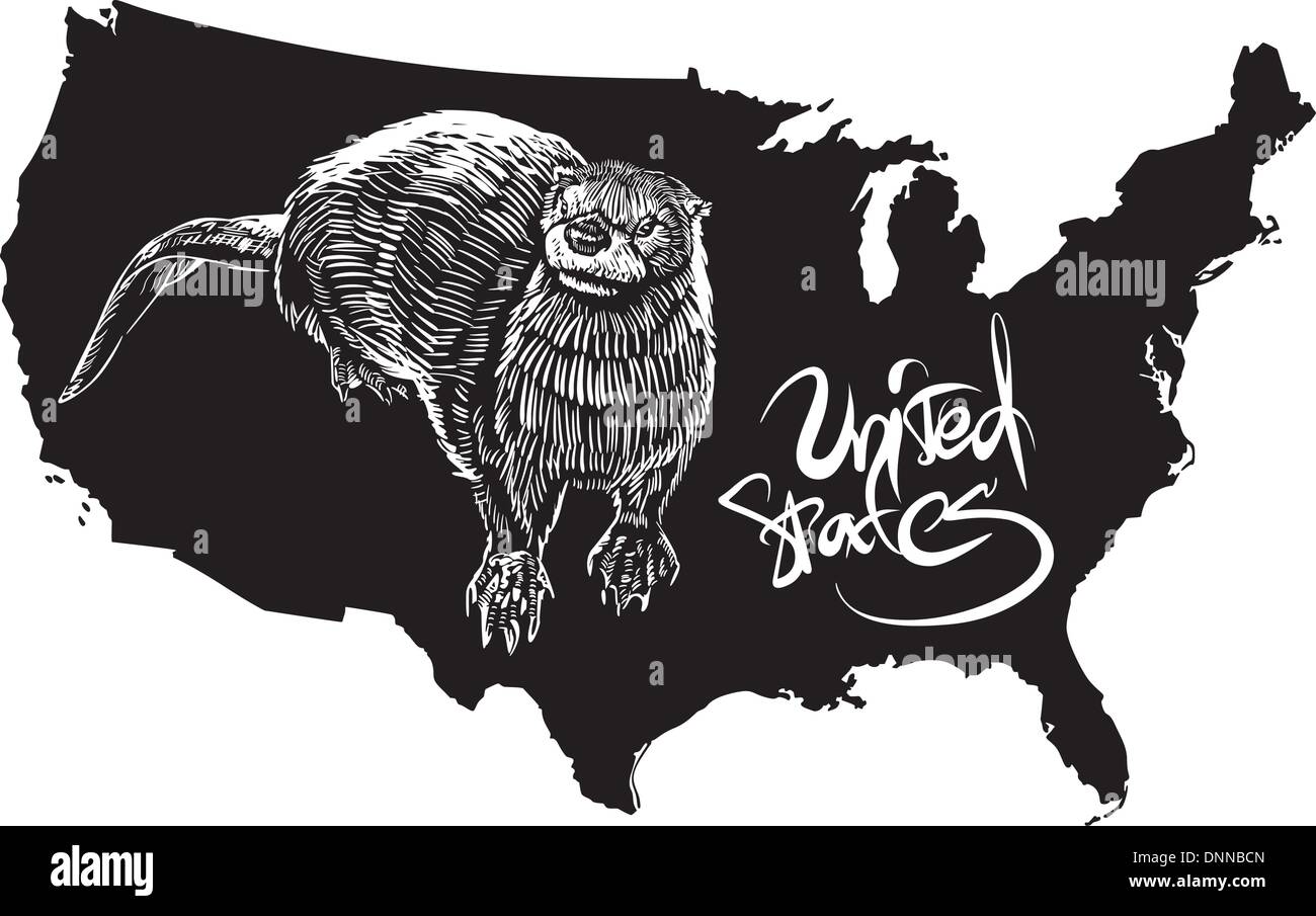 Otter und USA Umriß. Schwarz / Weiß-Vektor-Illustration. Stock Vektor