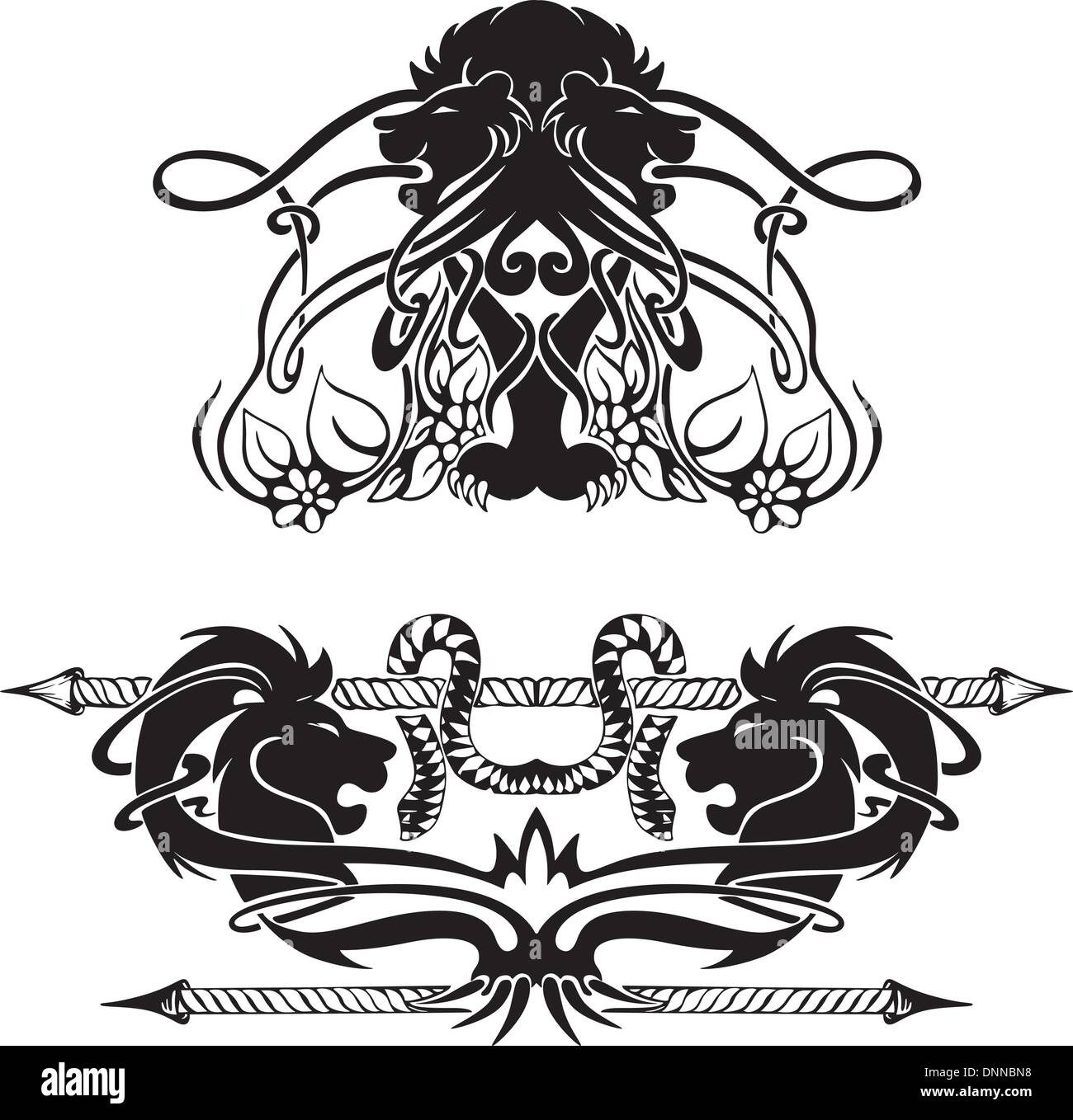 Stilisierte symmetrische Vignetten mit Löwen. Vektor-Illustration EPS8 Stock Vektor